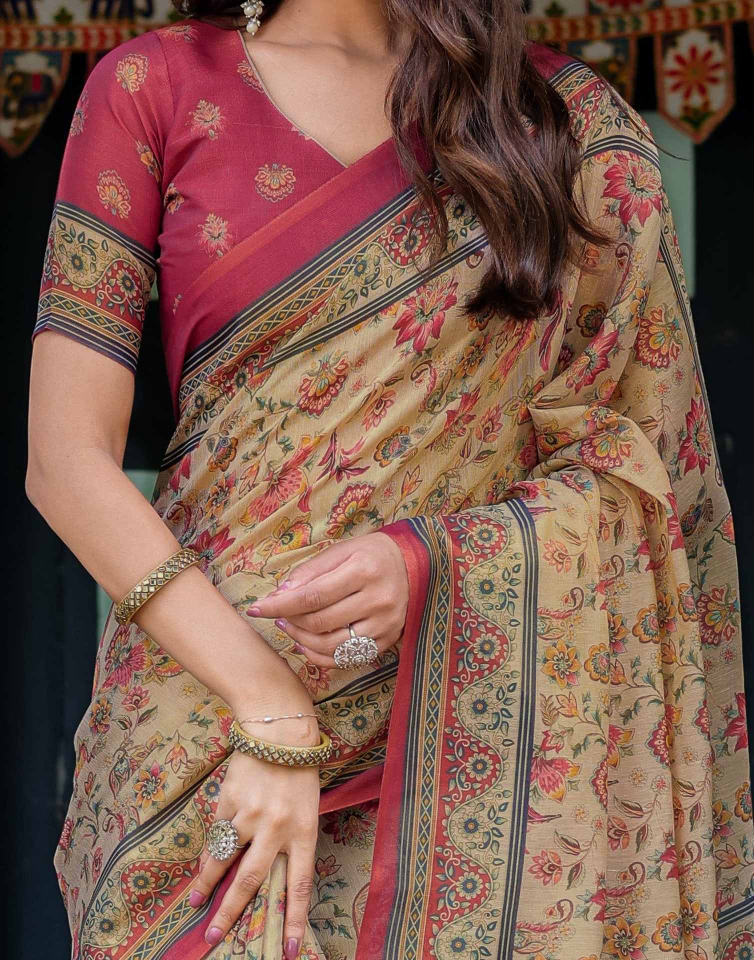 Beige Shimmer Silk Printed Saree
