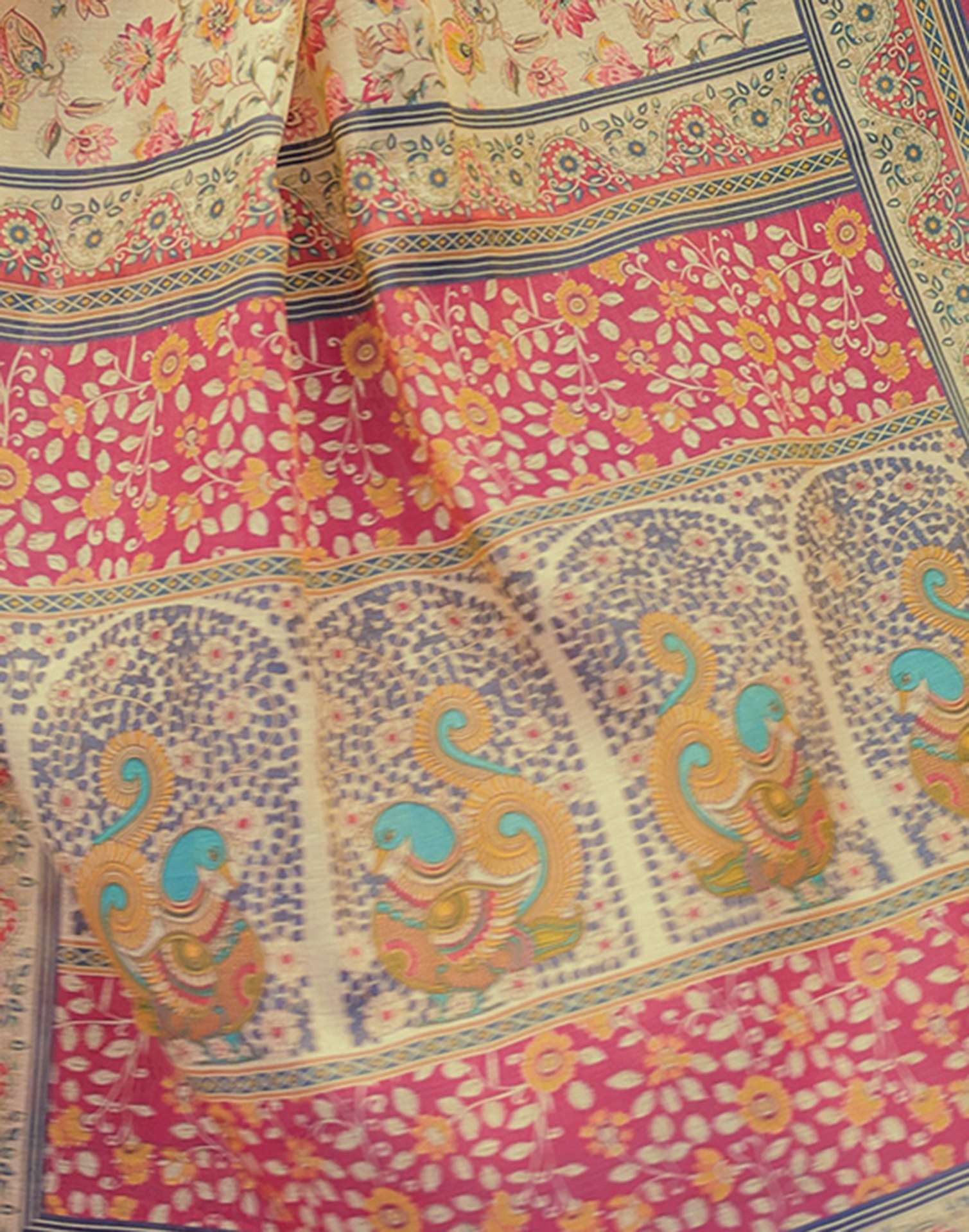 Beige Shimmer Silk Printed Saree