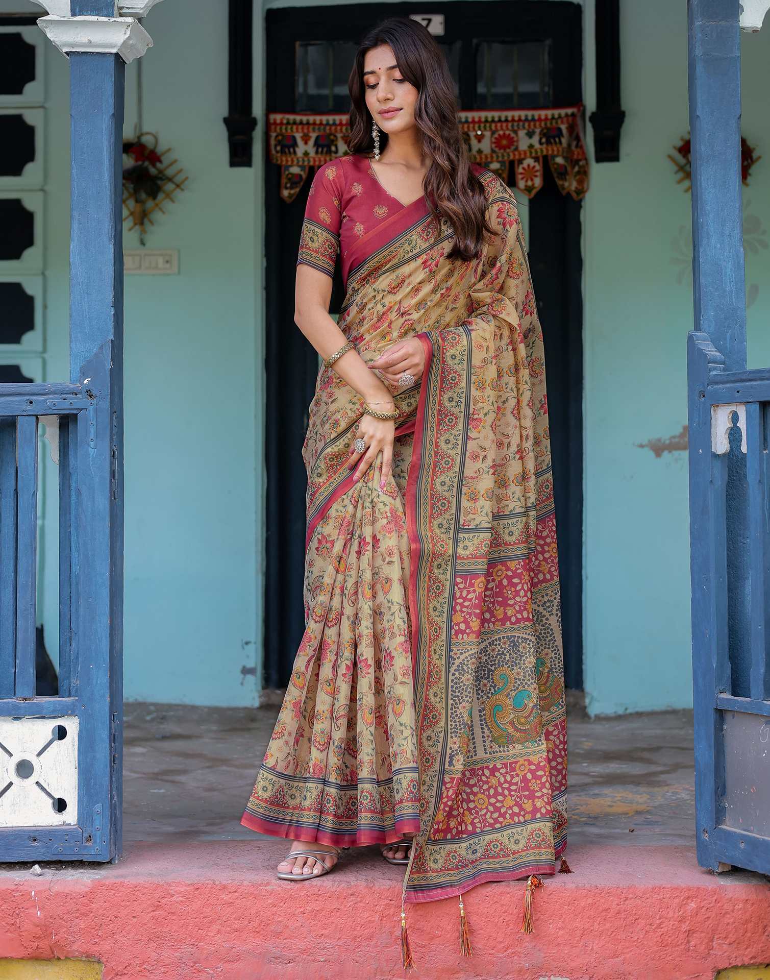 Beige Shimmer Silk Printed Saree