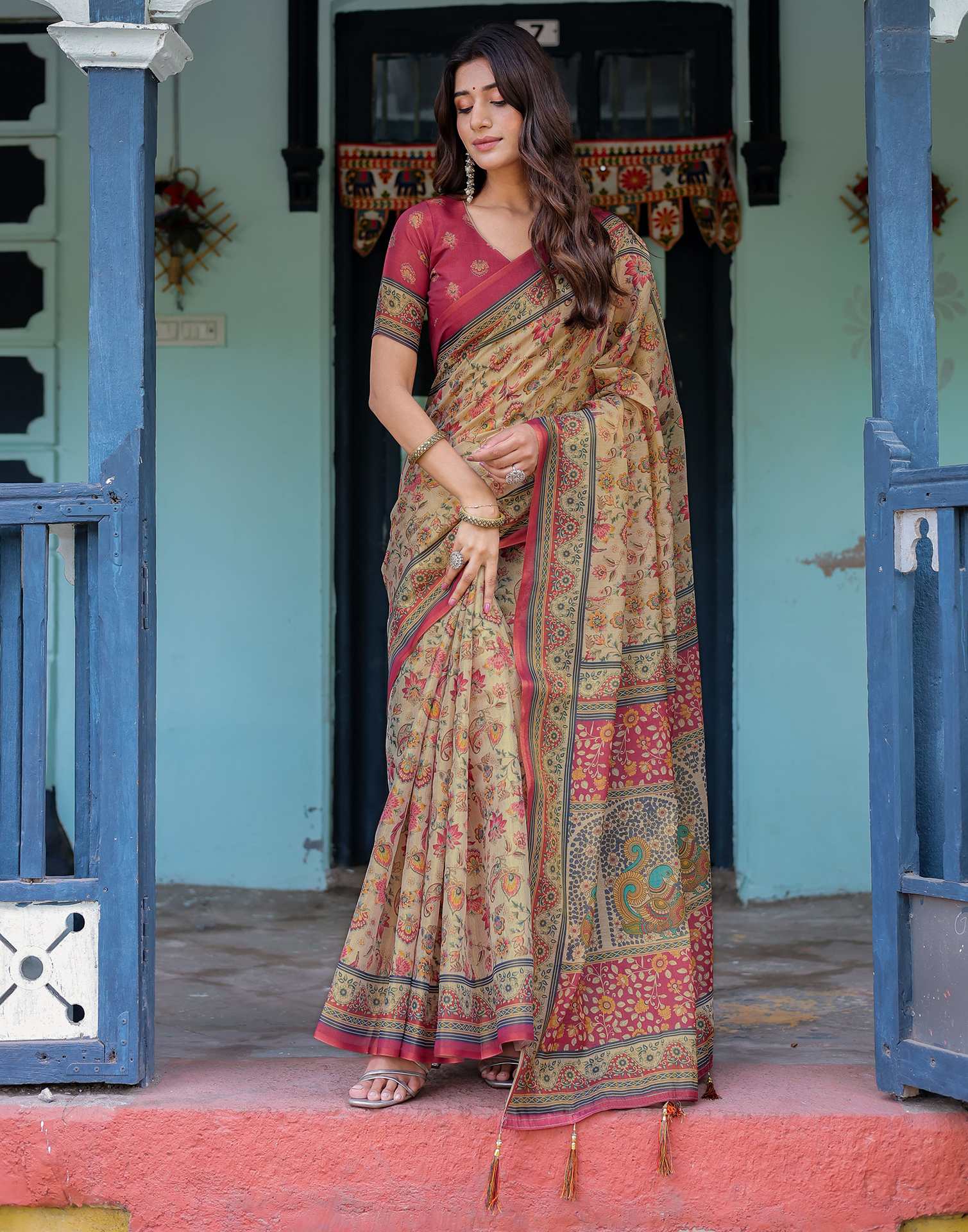 Beige Shimmer Silk Printed Saree