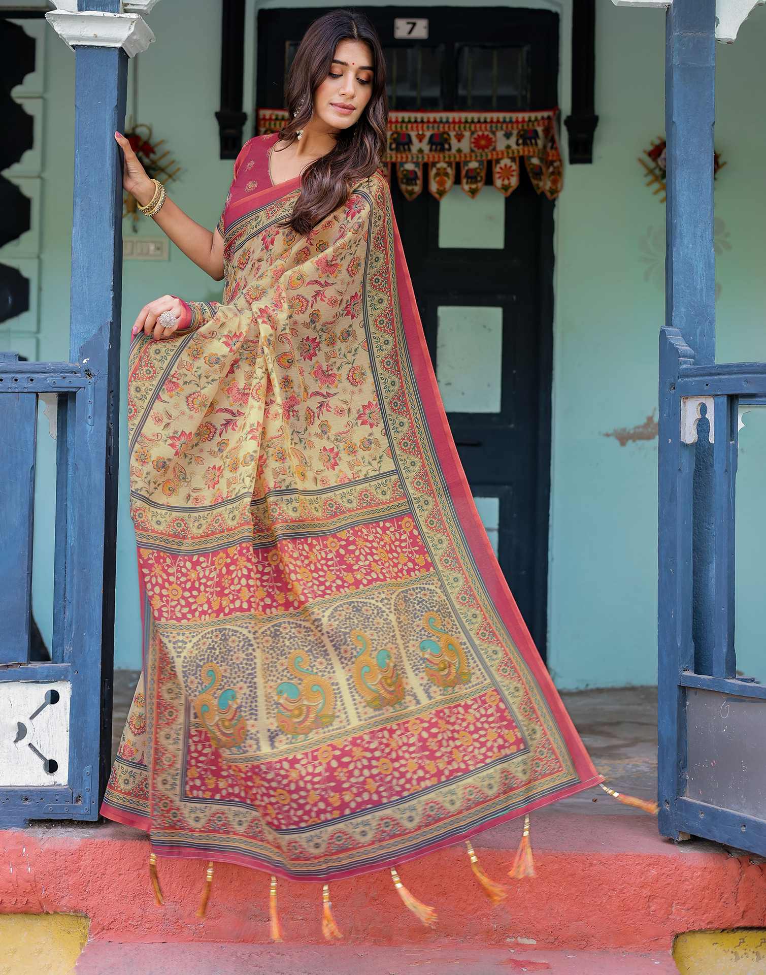 Beige Shimmer Silk Printed Saree