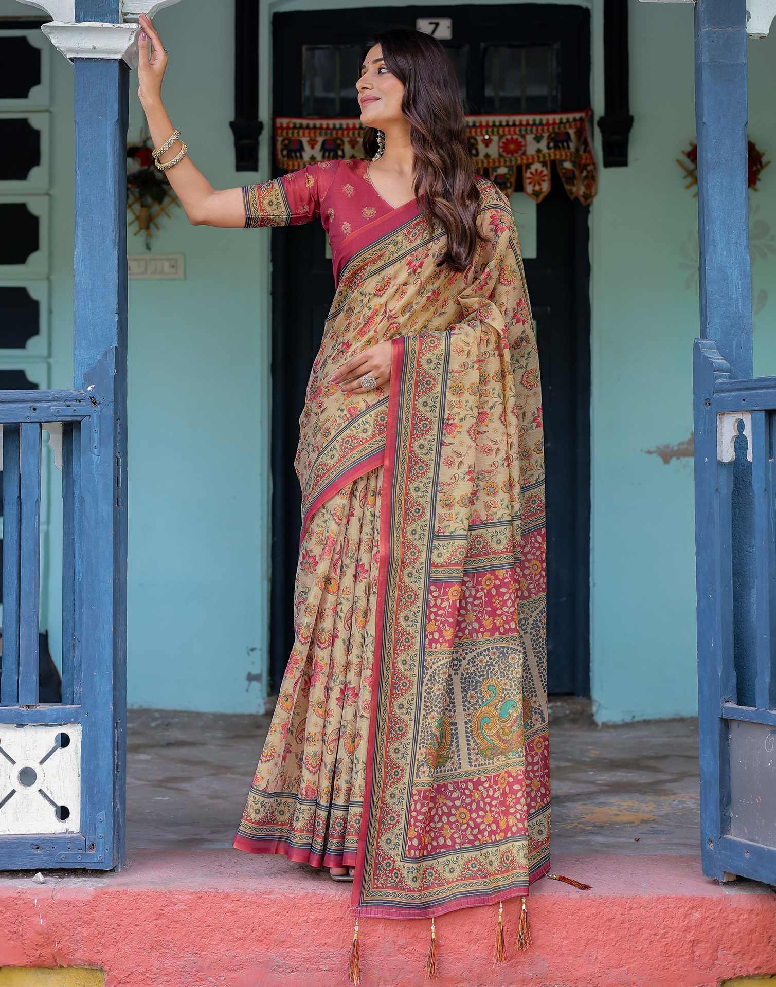 Beige Shimmer Silk Printed Saree