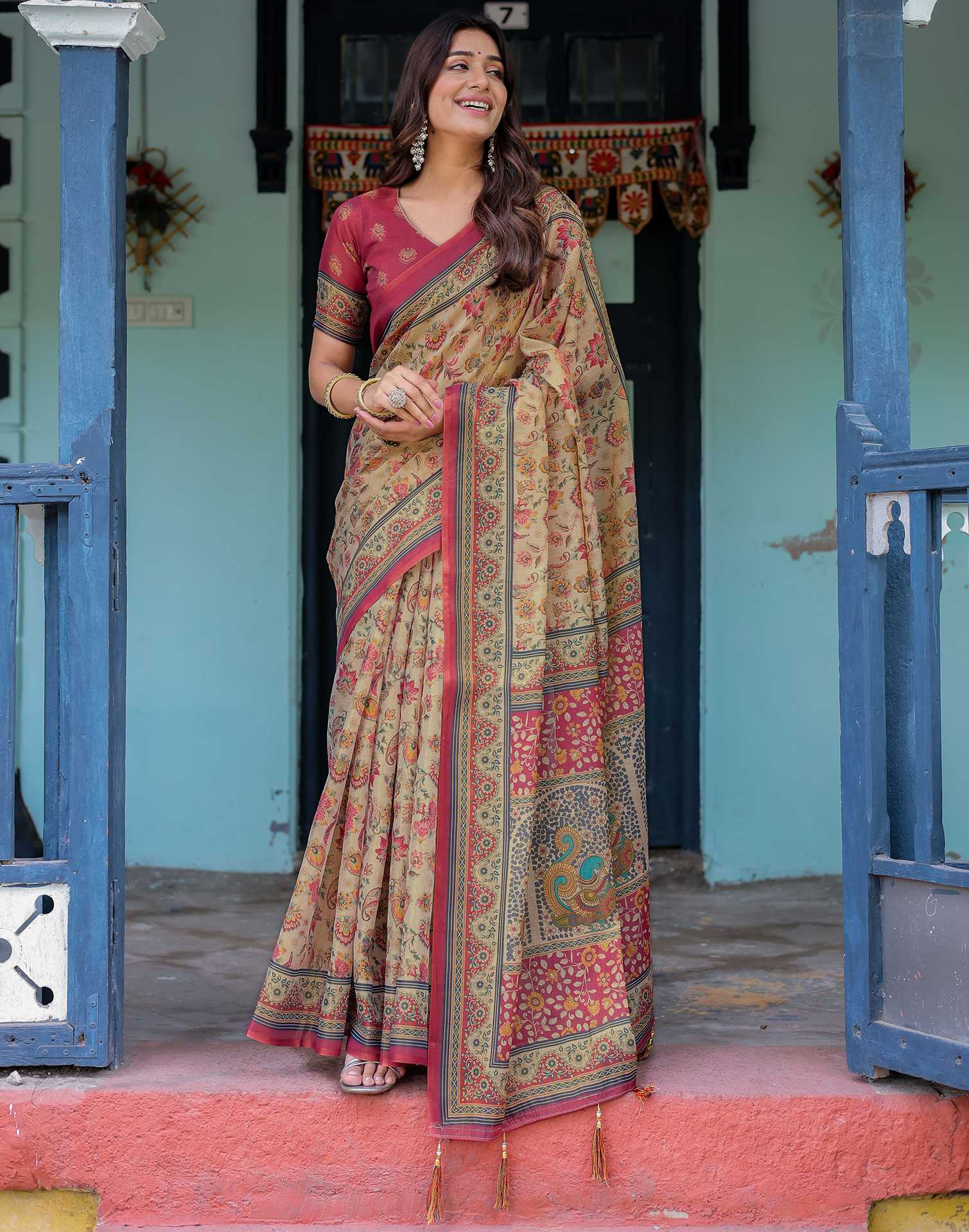 Beige Shimmer Silk Printed Saree