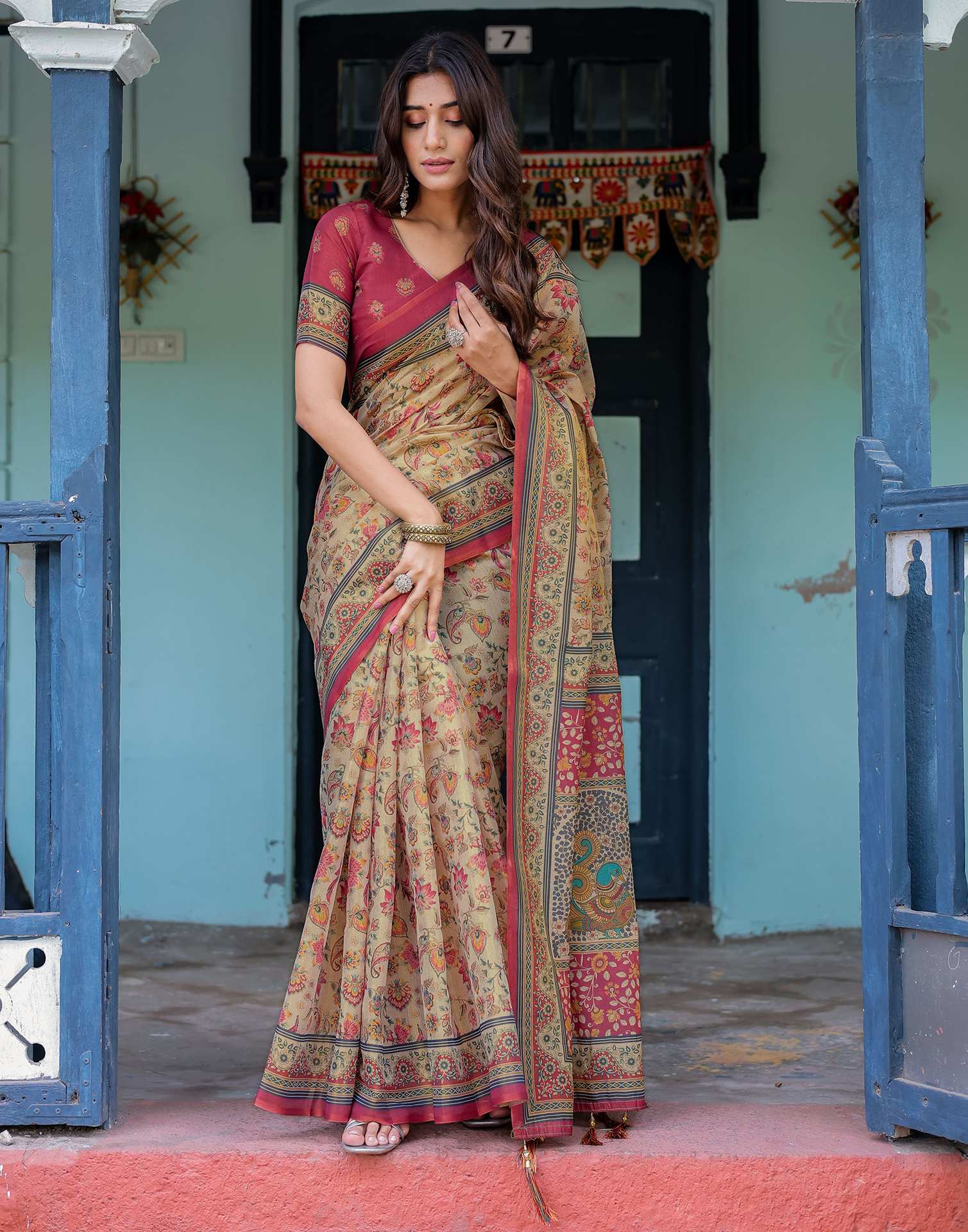 Beige Shimmer Silk Printed Saree