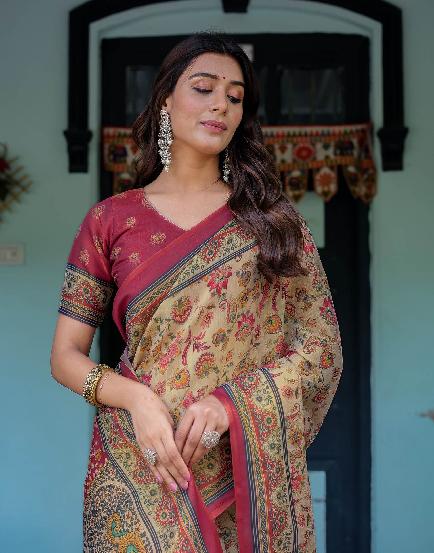 Beige Shimmer Silk Printed Saree