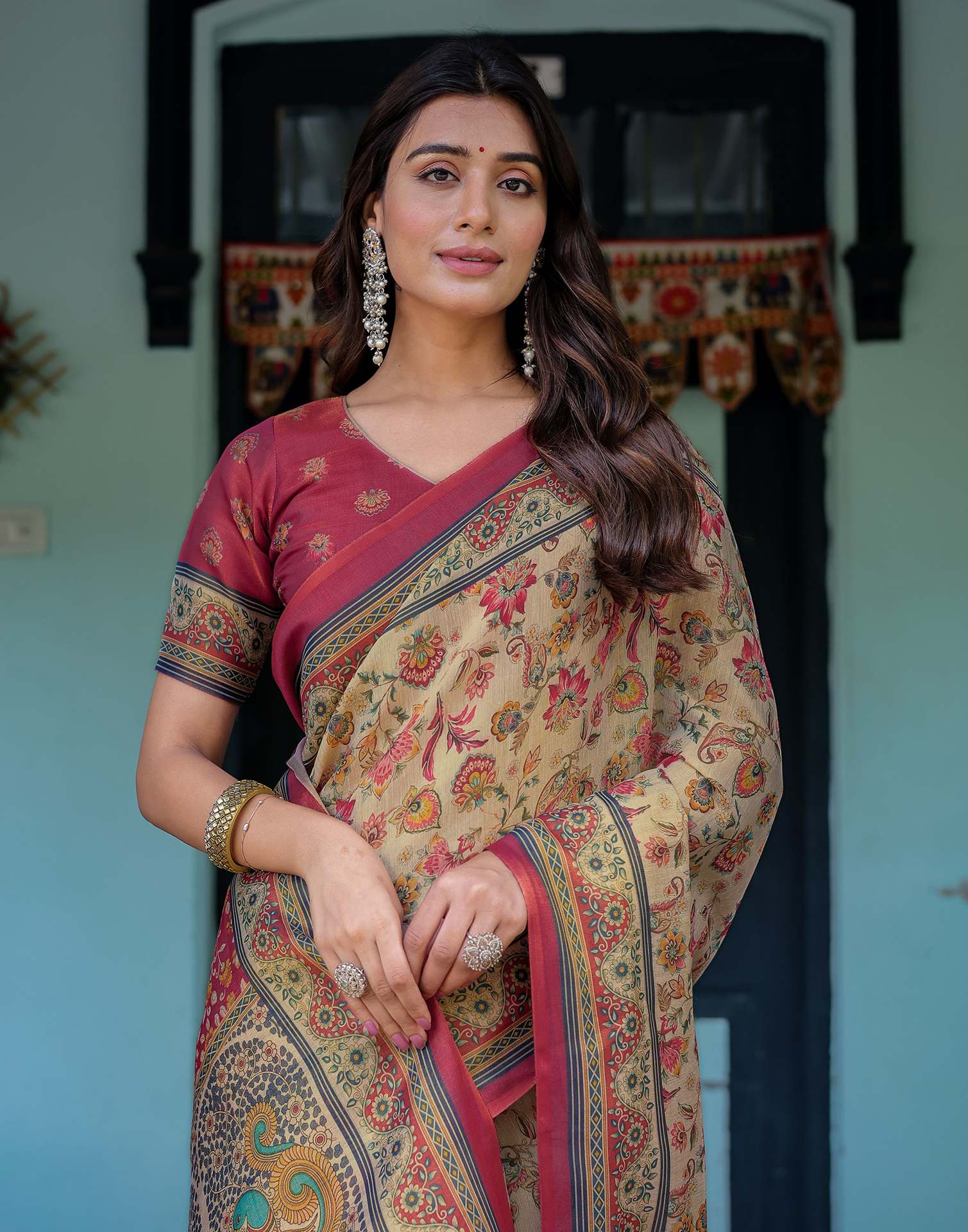 Beige Shimmer Silk Printed Saree