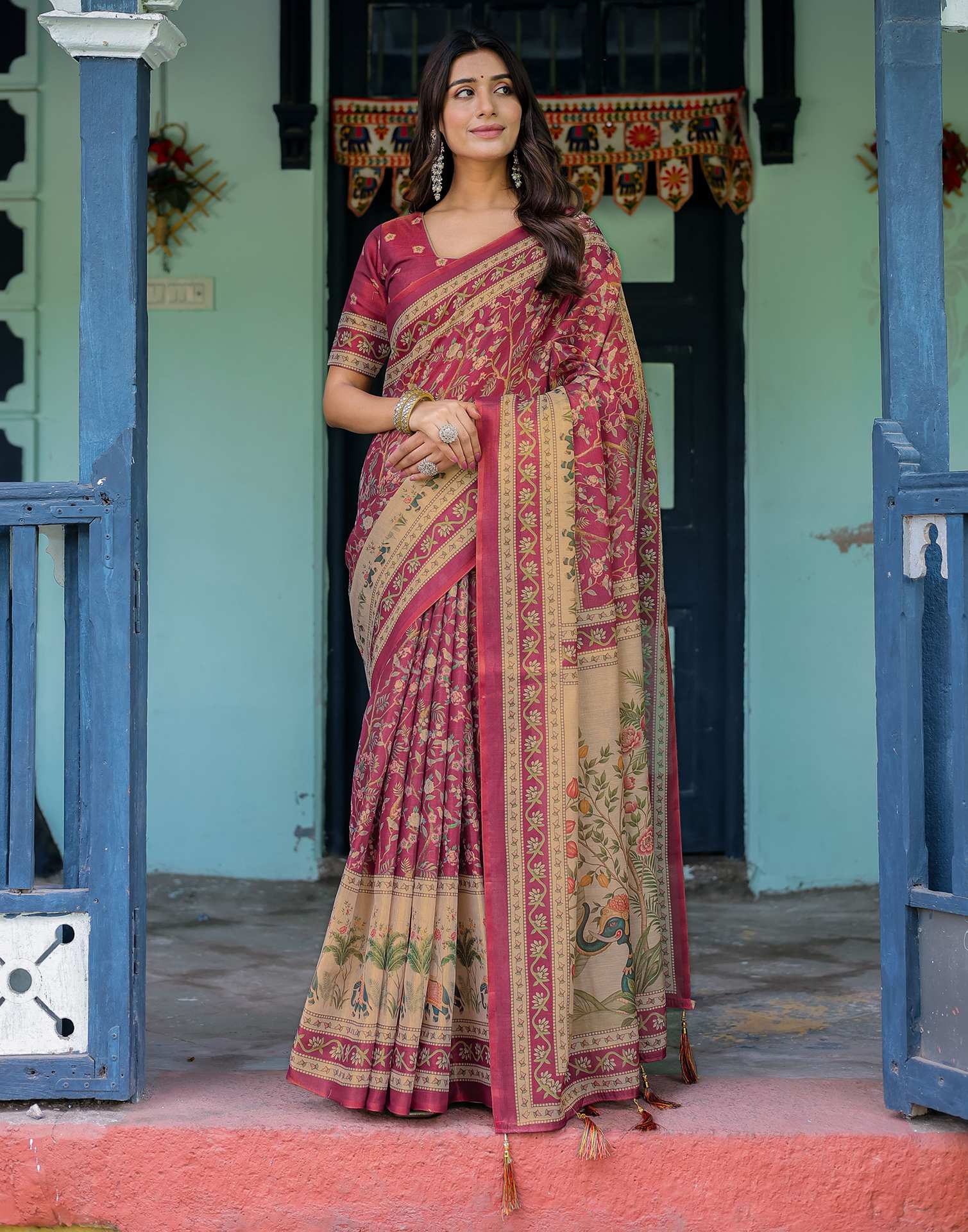 Dark Pink Shimmer Silk Printed Saree