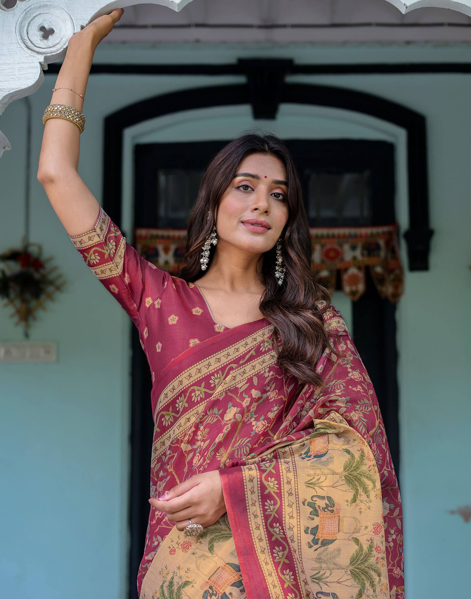 Dark Pink Shimmer Silk Printed Saree