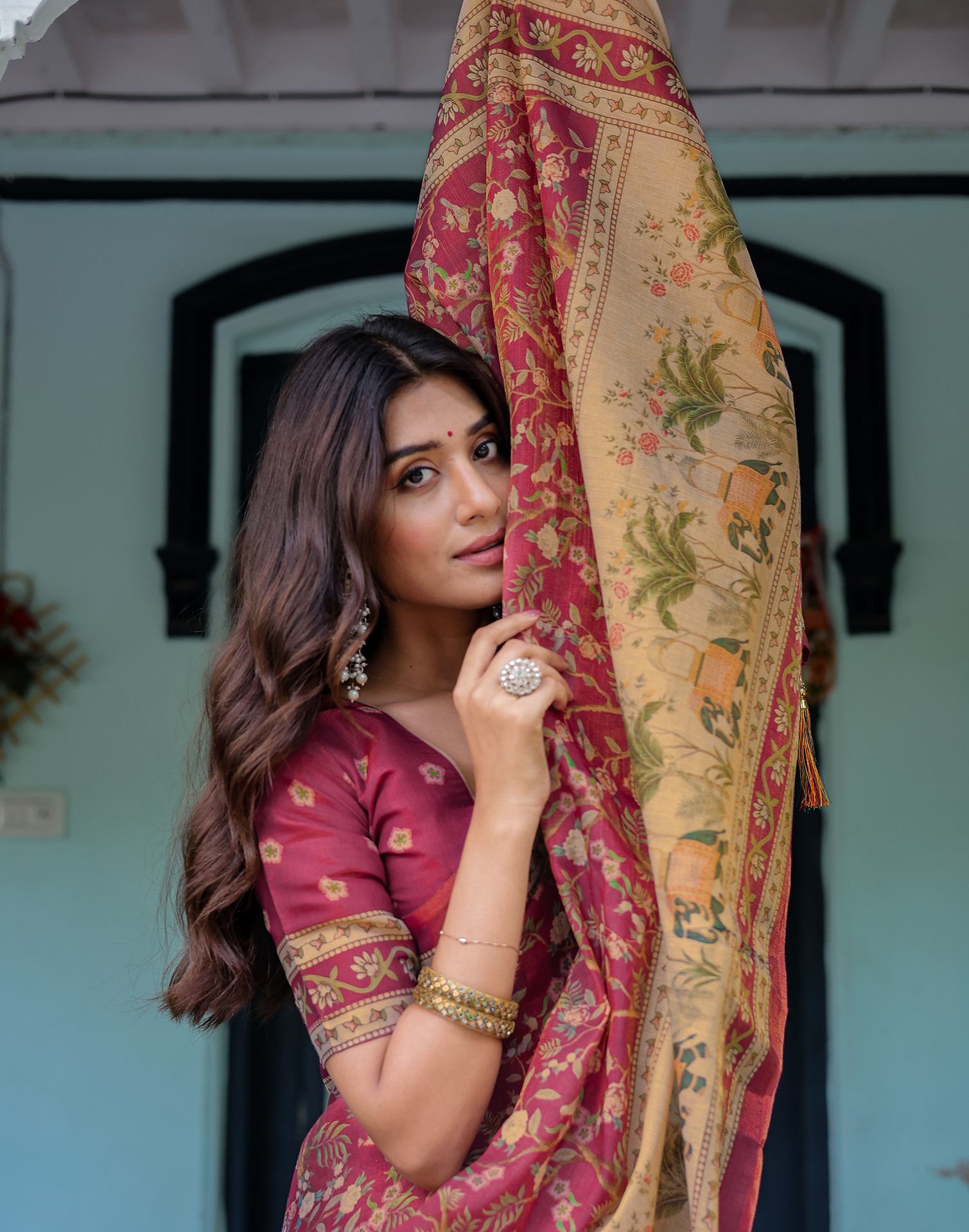 Dark Pink Shimmer Silk Printed Saree