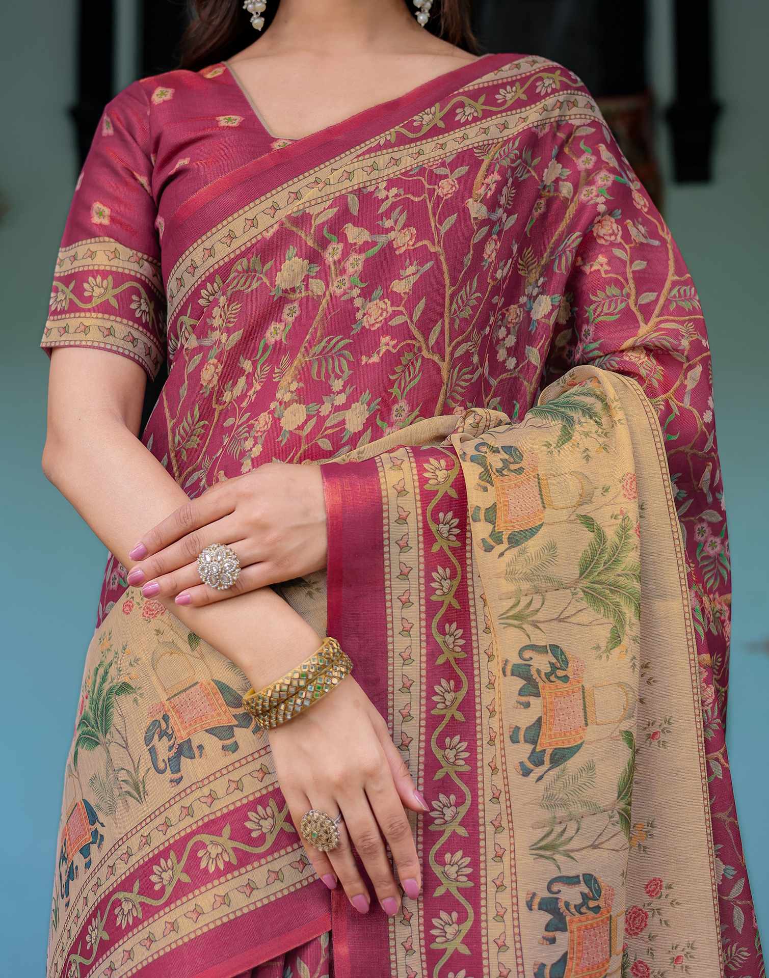 Dark Pink Shimmer Silk Printed Saree