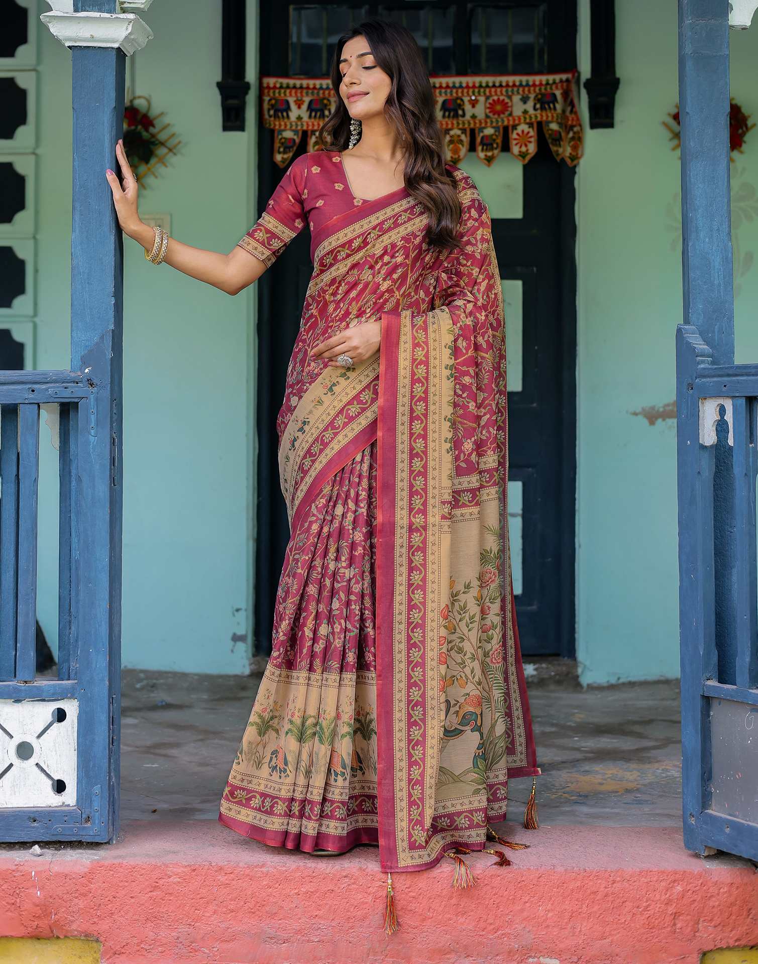Dark Pink Shimmer Silk Printed Saree