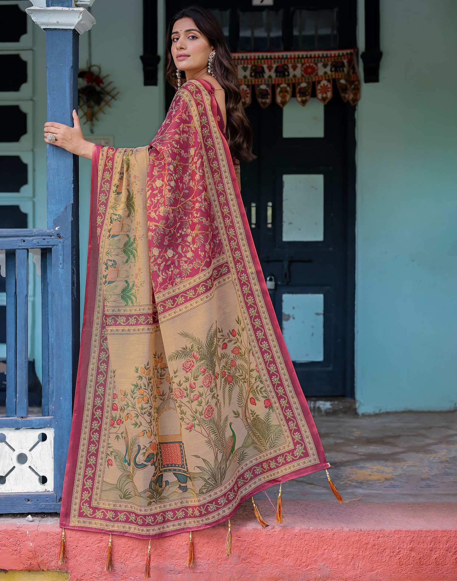 Dark Pink Shimmer Silk Printed Saree