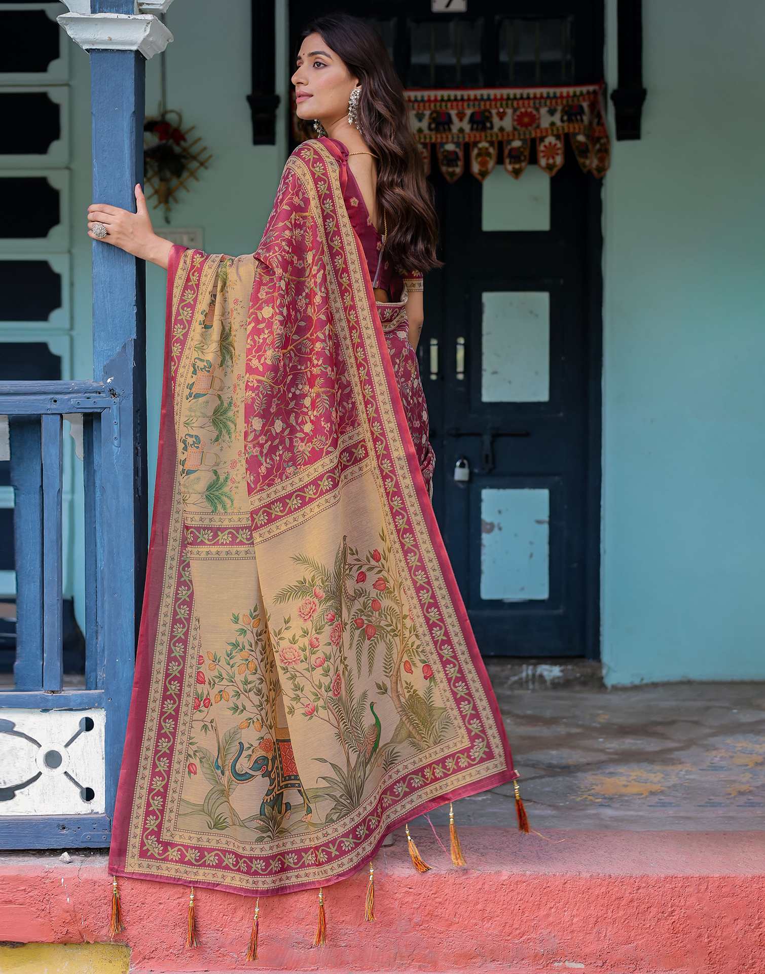 Dark Pink Shimmer Silk Printed Saree