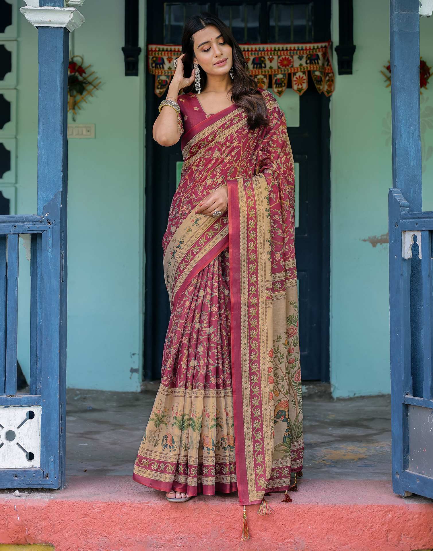 Dark Pink Shimmer Silk Printed Saree