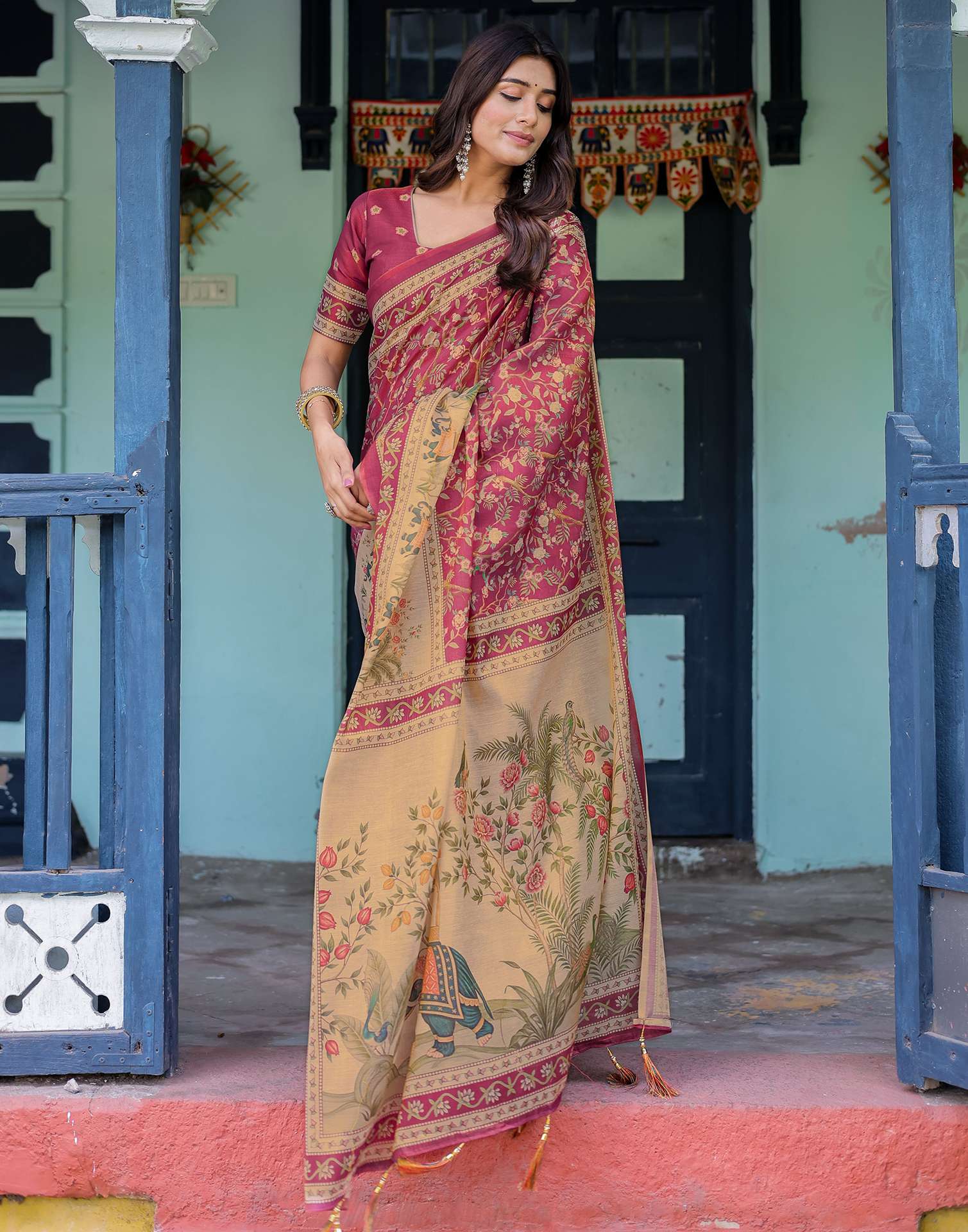 Dark Pink Shimmer Silk Printed Saree