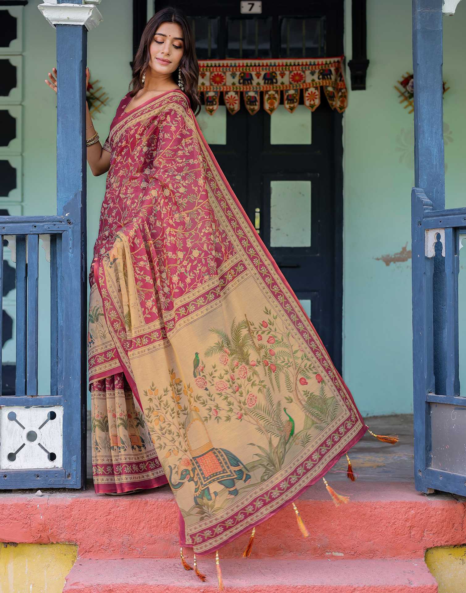 Dark Pink Shimmer Silk Printed Saree