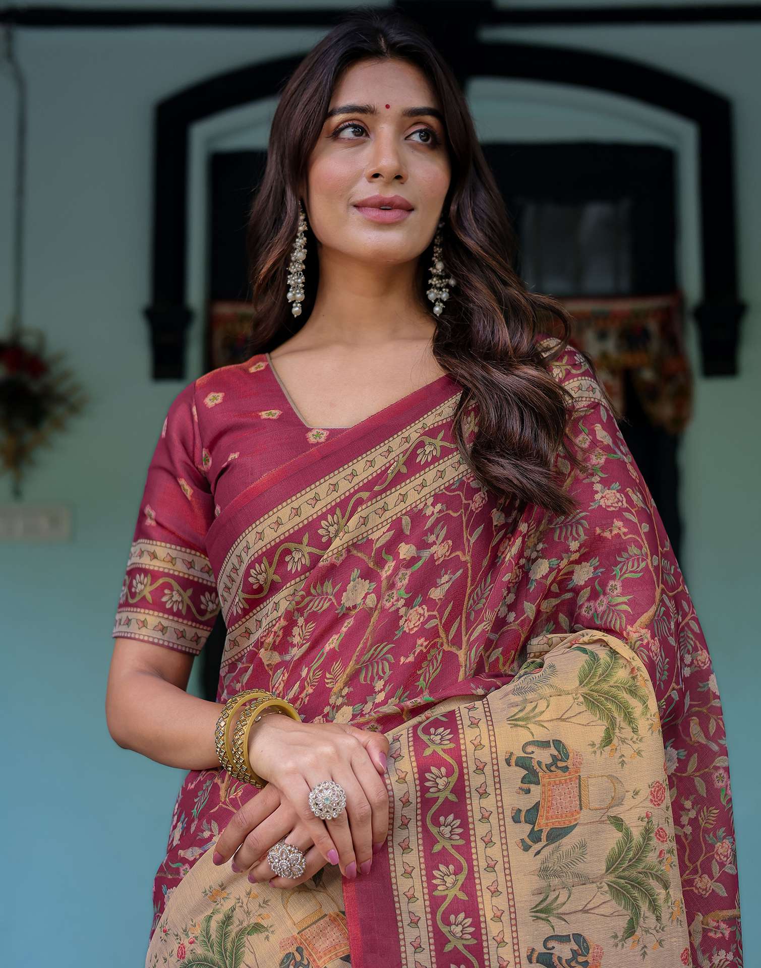 Dark Pink Shimmer Silk Printed Saree