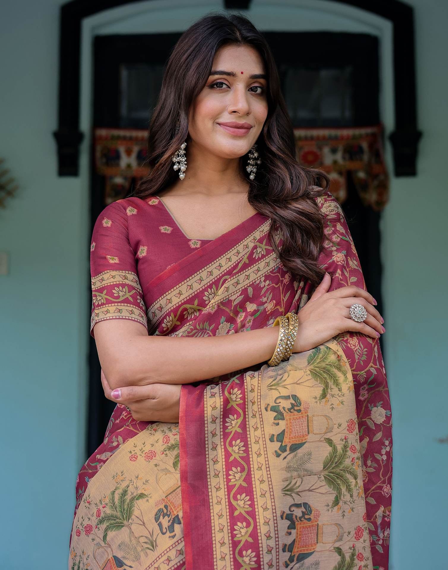 Dark Pink Shimmer Silk Printed Saree