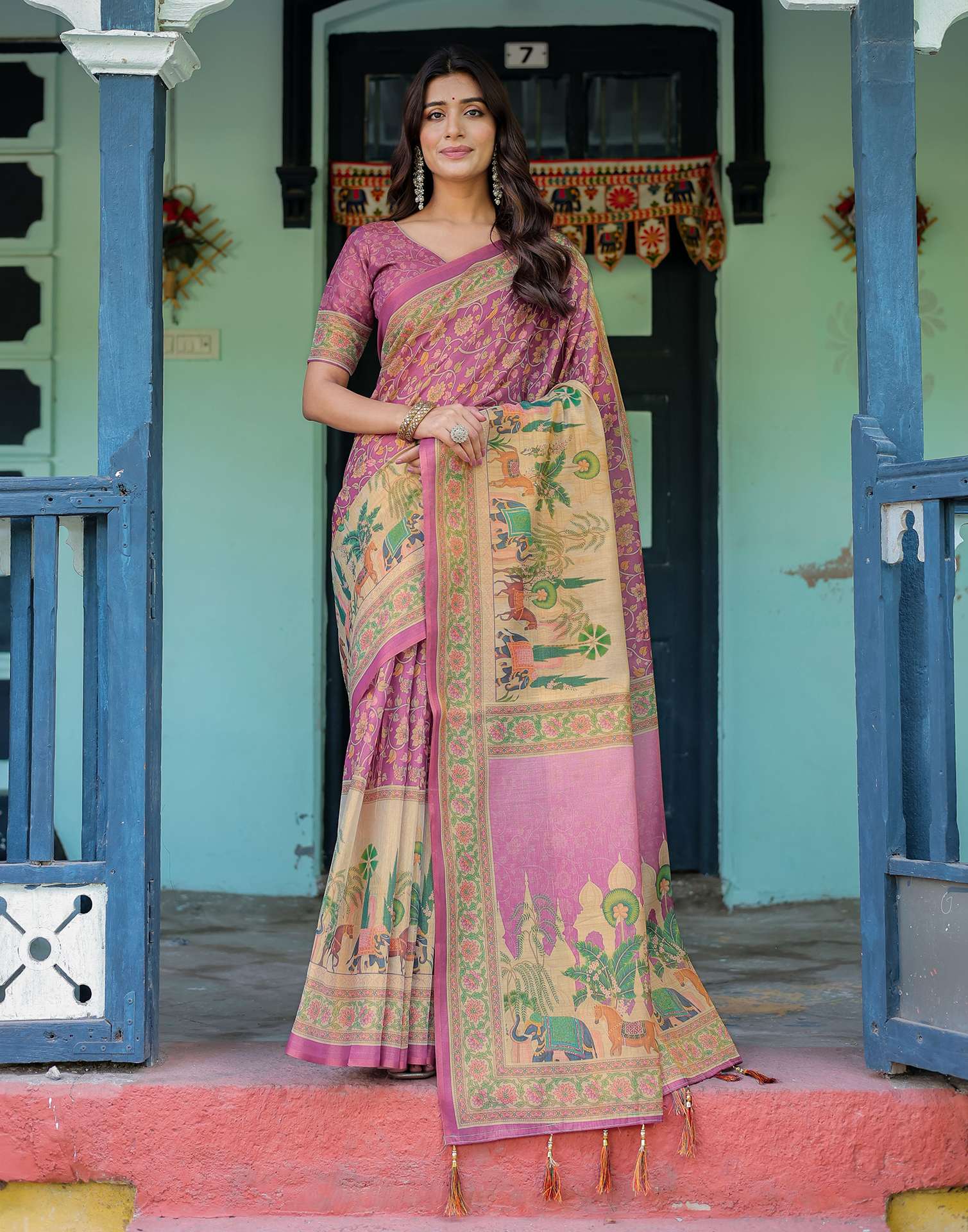 Deep Rose Pink Shimmer Silk Printed Saree