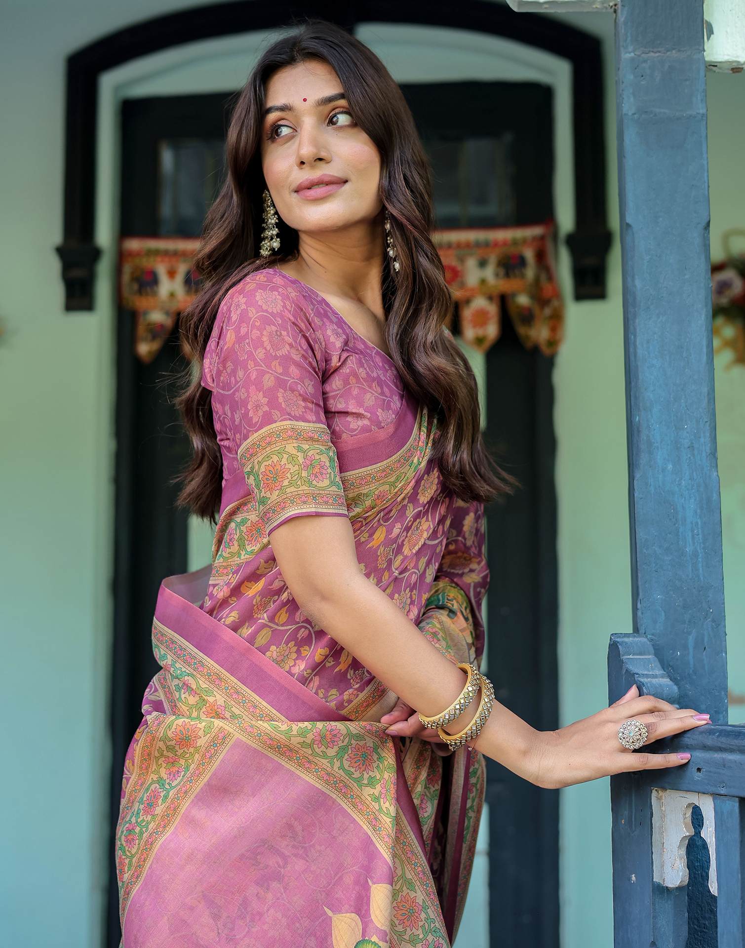 Deep Rose Pink Shimmer Silk Printed Saree