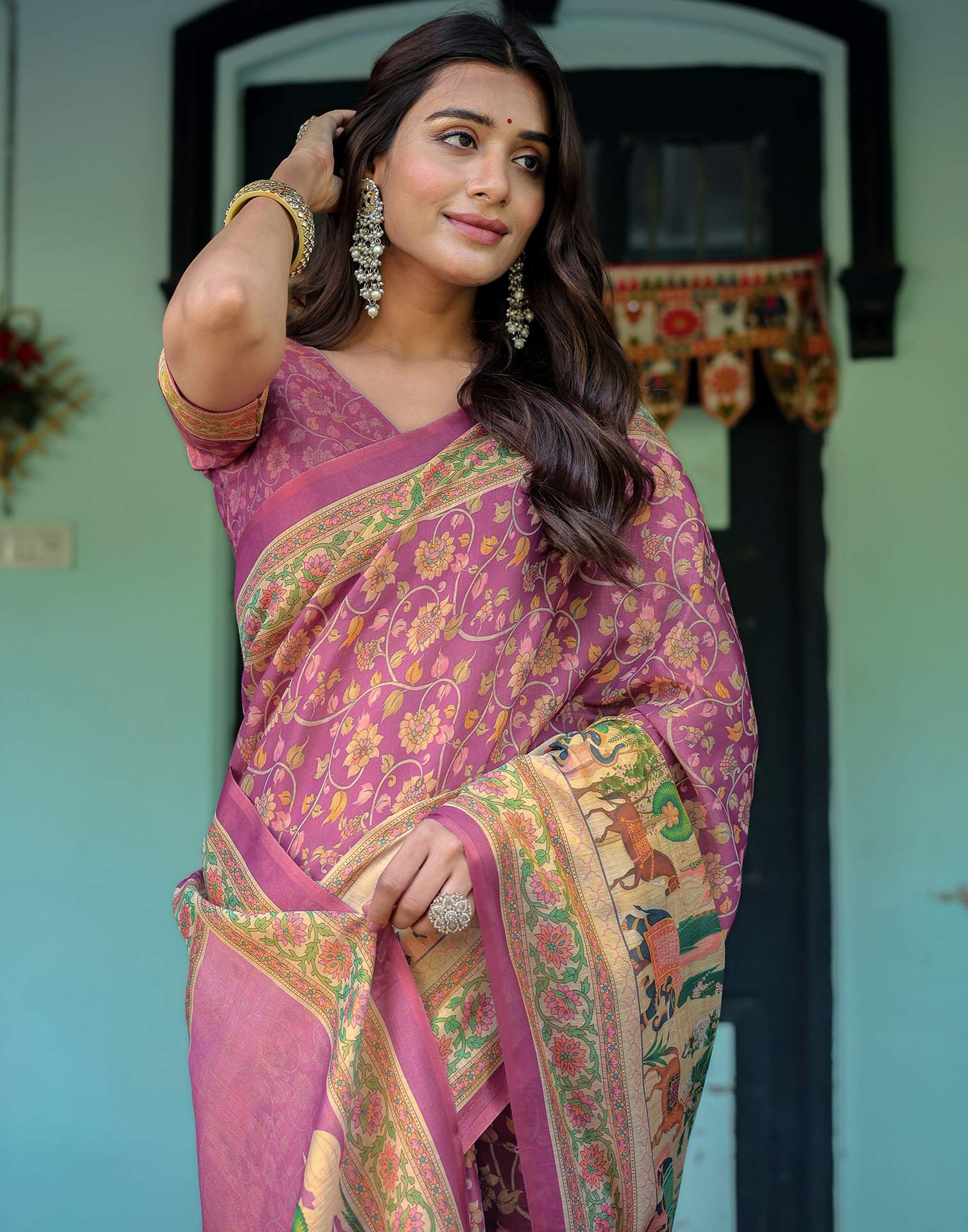 Deep Rose Pink Shimmer Silk Printed Saree