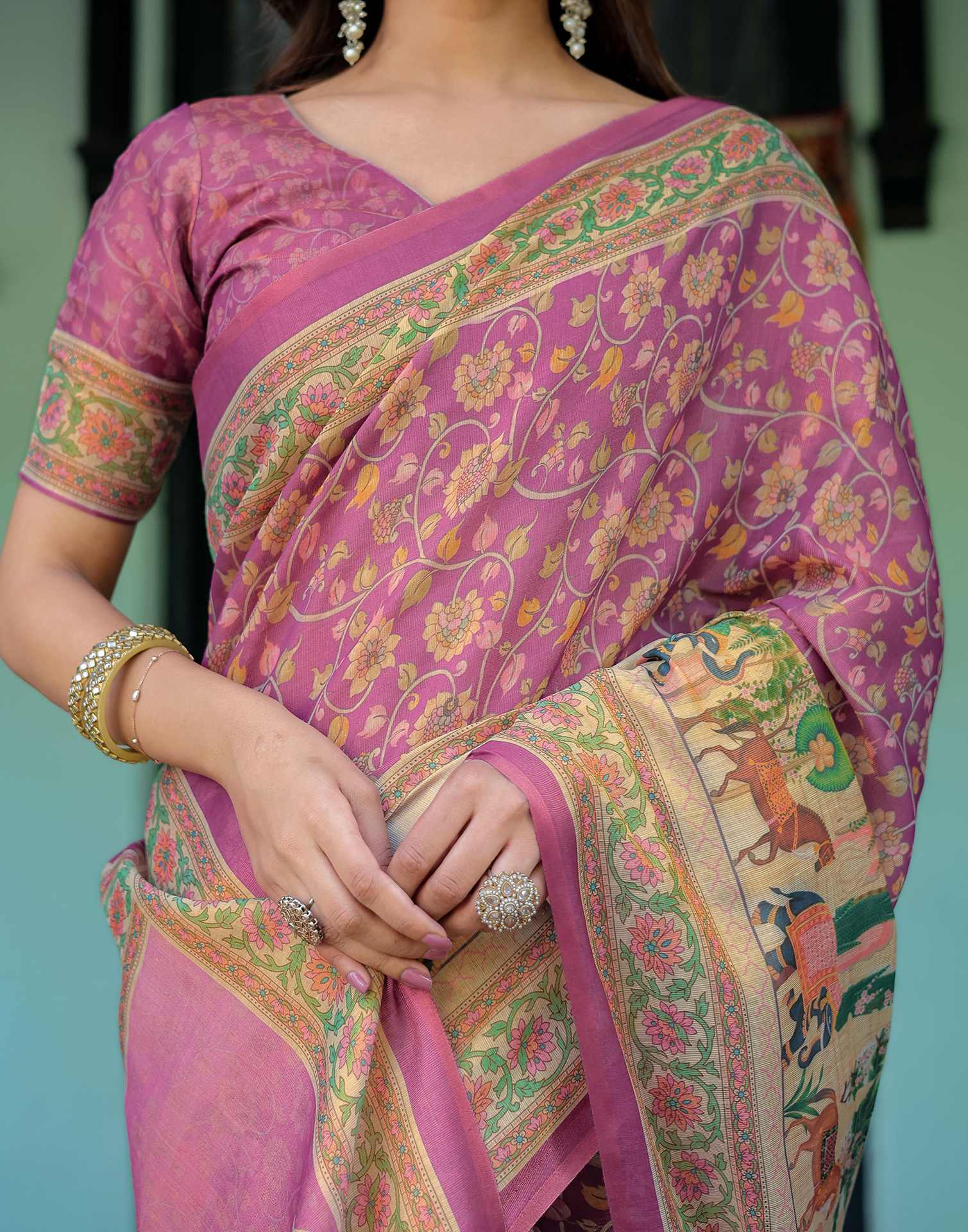 Deep Rose Pink Shimmer Silk Printed Saree