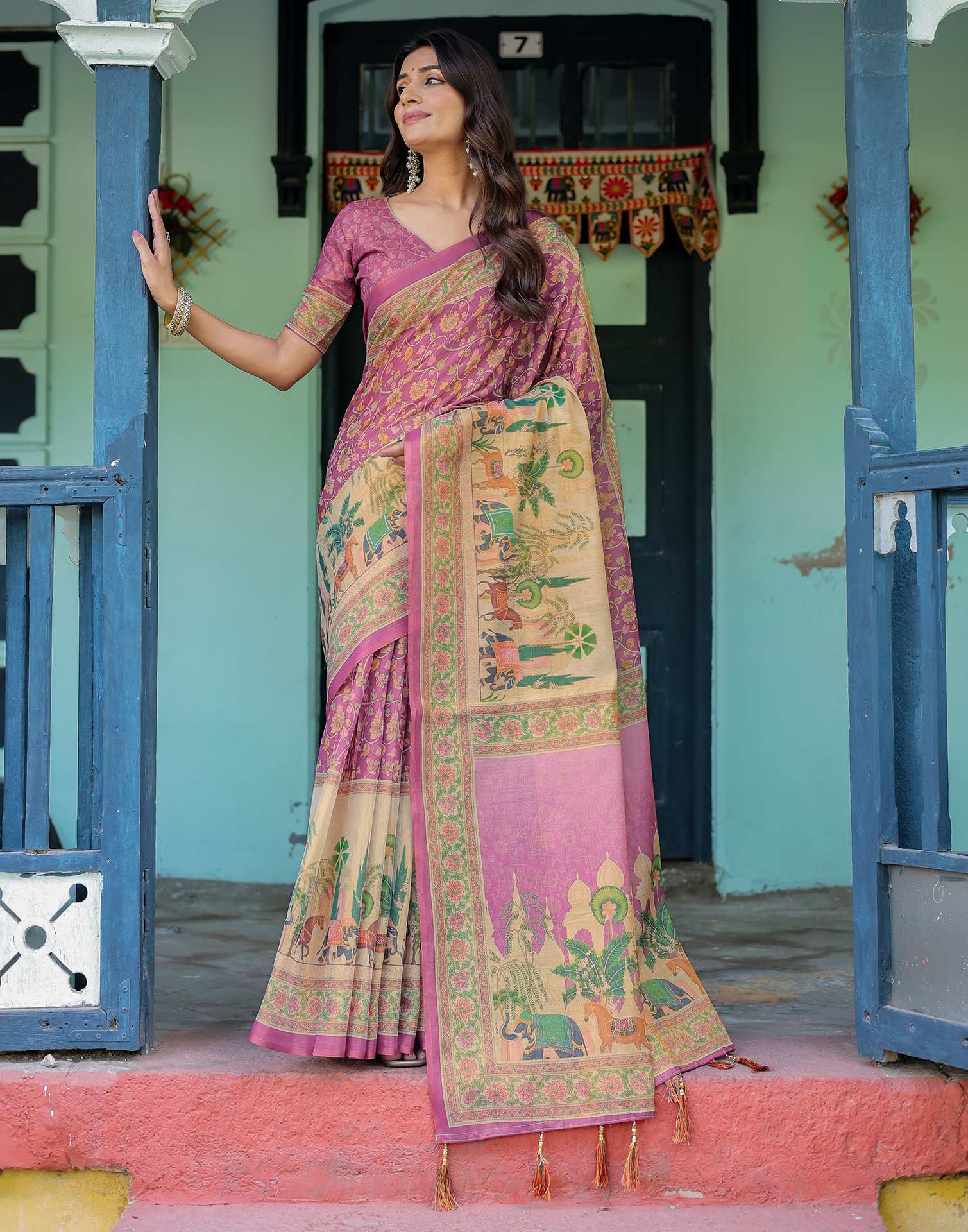Deep Rose Pink Shimmer Silk Printed Saree