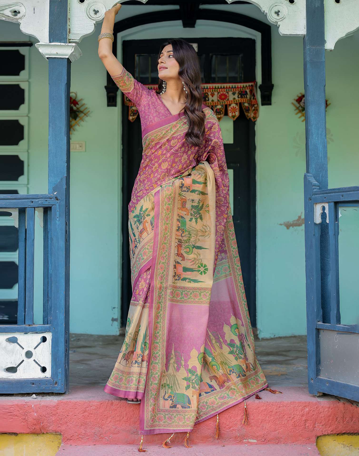 Deep Rose Pink Shimmer Silk Printed Saree