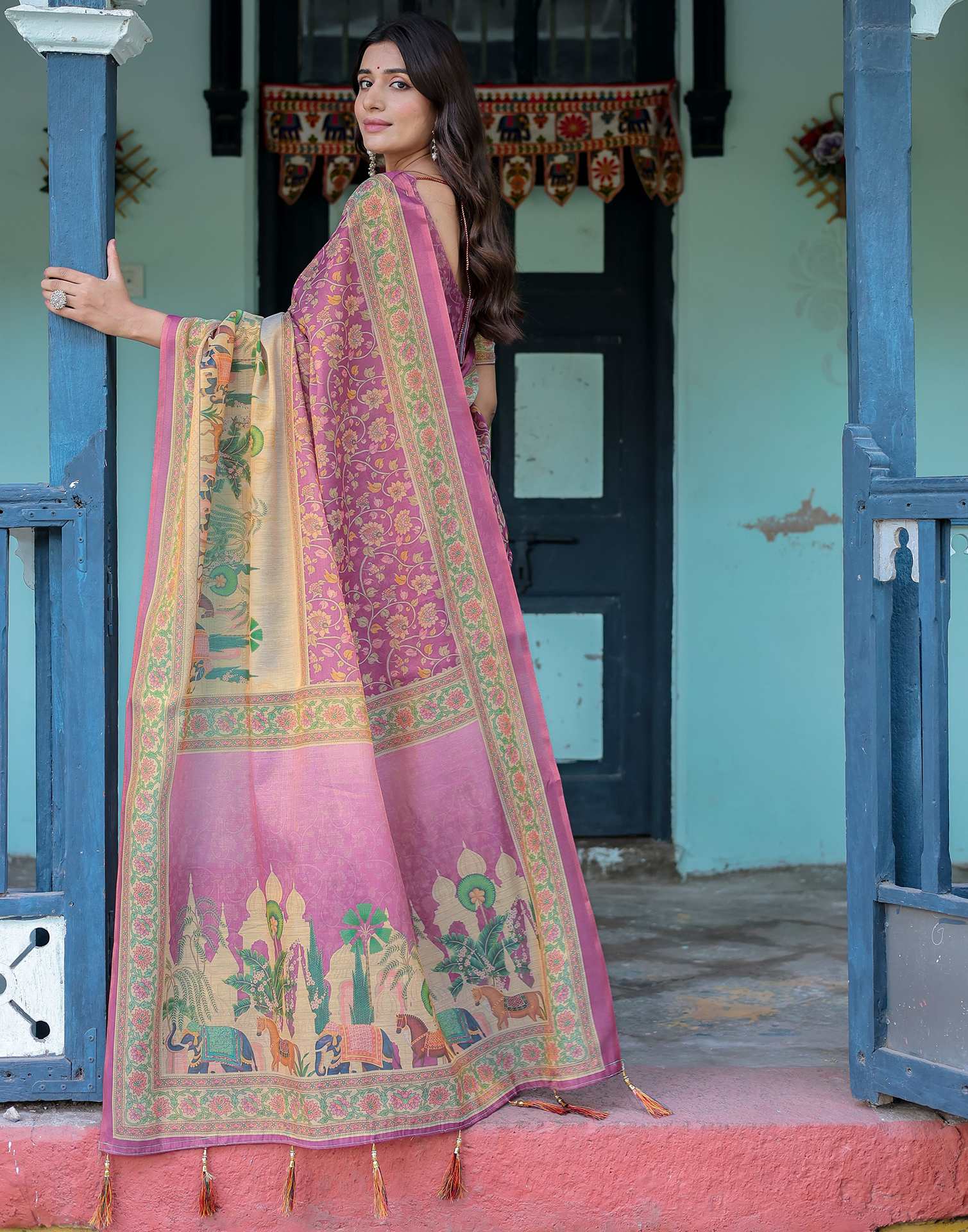 Deep Rose Pink Shimmer Silk Printed Saree