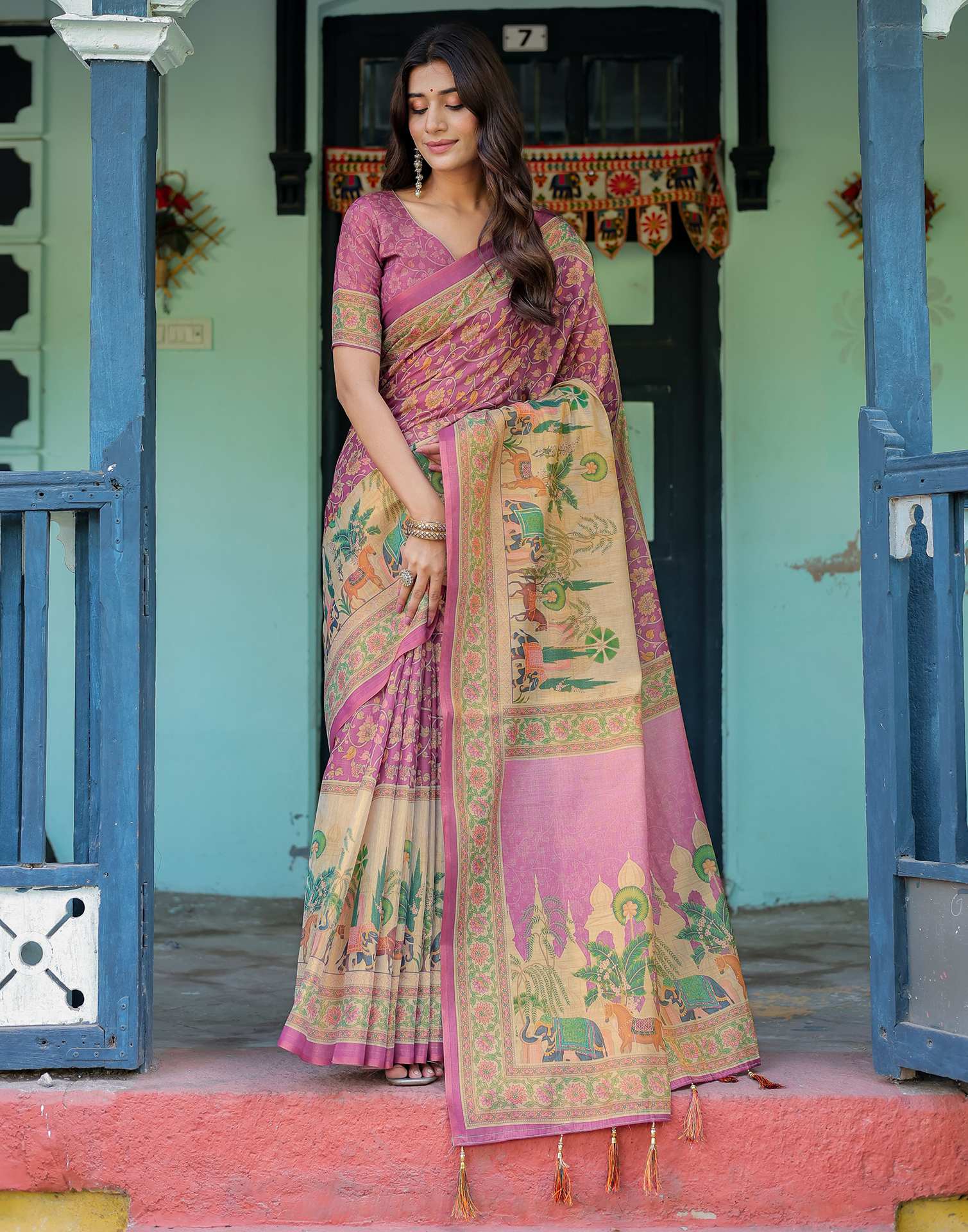 Deep Rose Pink Shimmer Silk Printed Saree