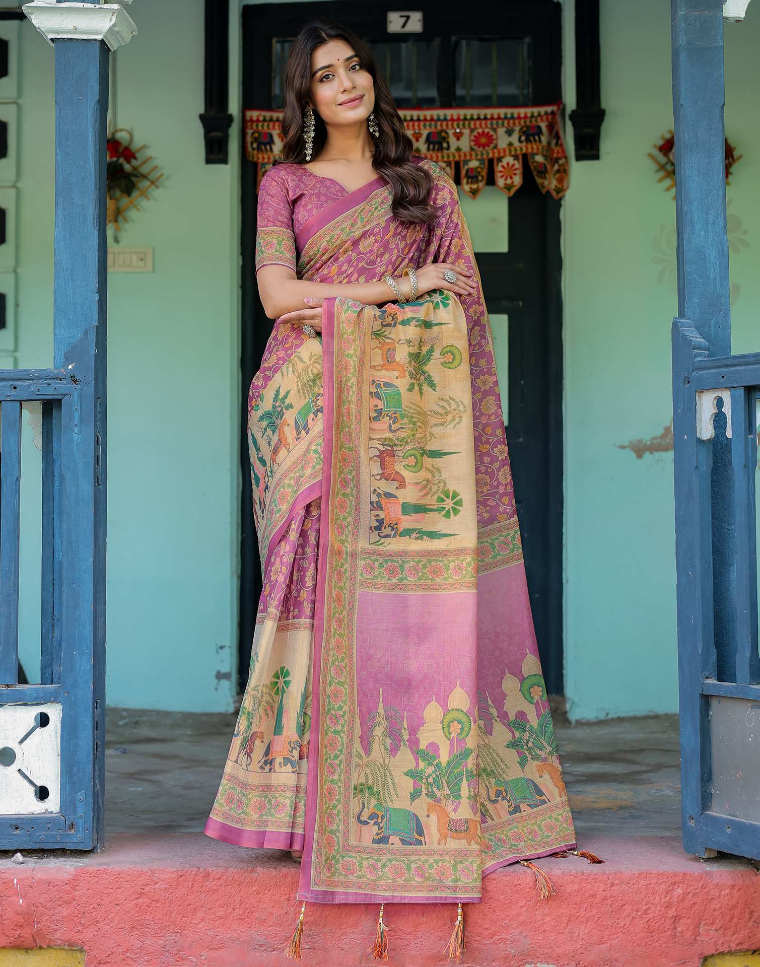 Deep Rose Pink Shimmer Silk Printed Saree