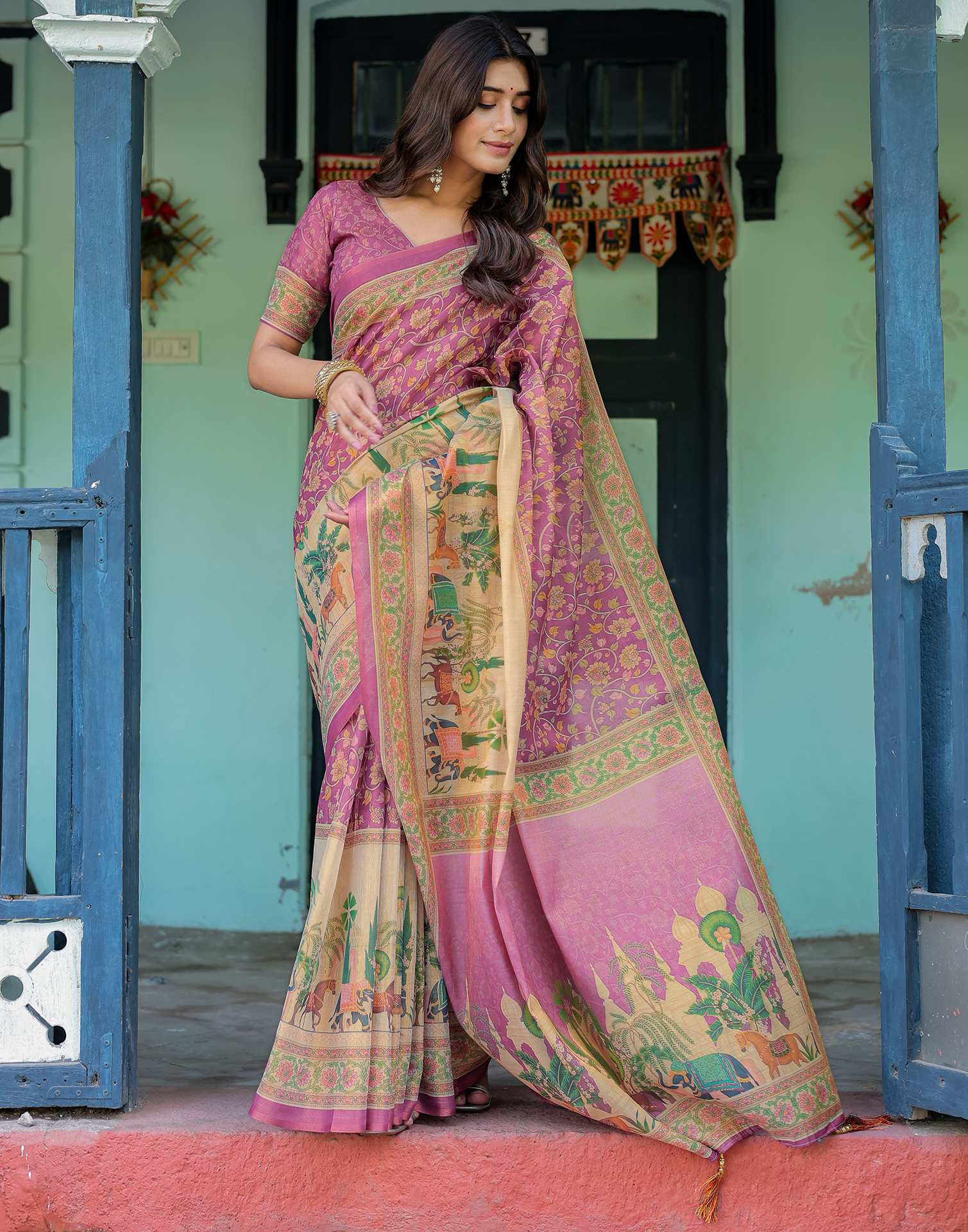 Deep Rose Pink Shimmer Silk Printed Saree