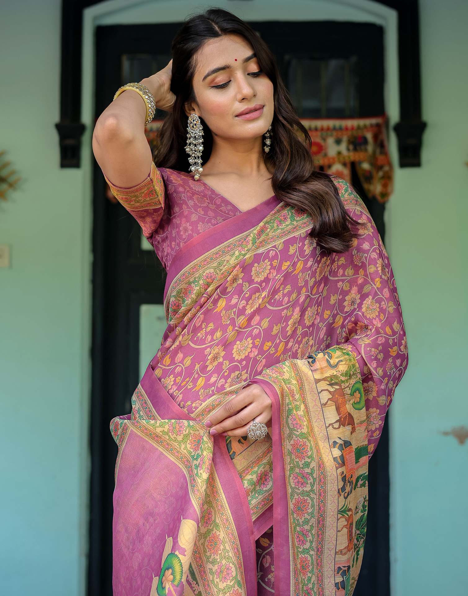 Deep Rose Pink Shimmer Silk Printed Saree
