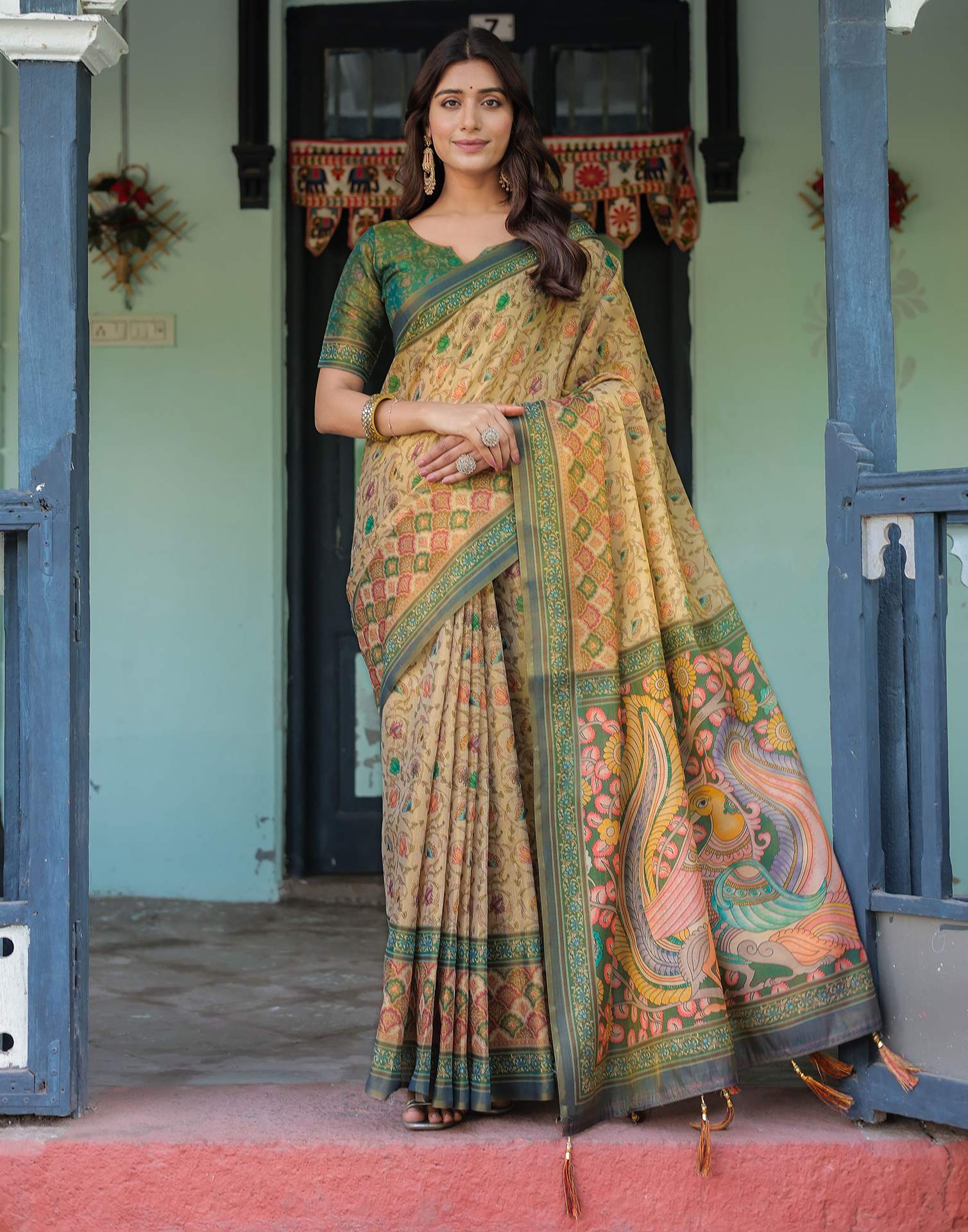 Beige Shimmer Silk Printed Saree