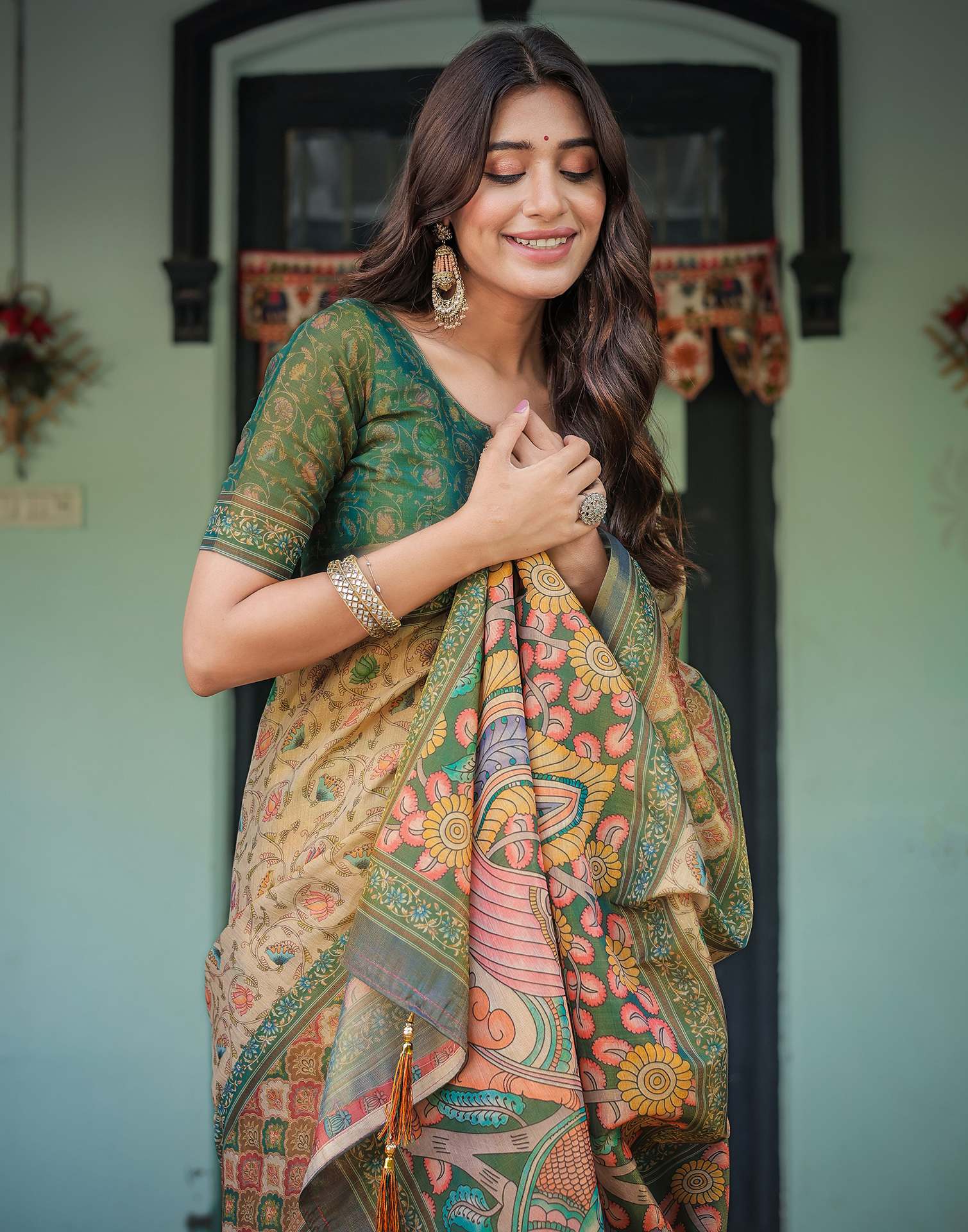 Beige Shimmer Silk Printed Saree