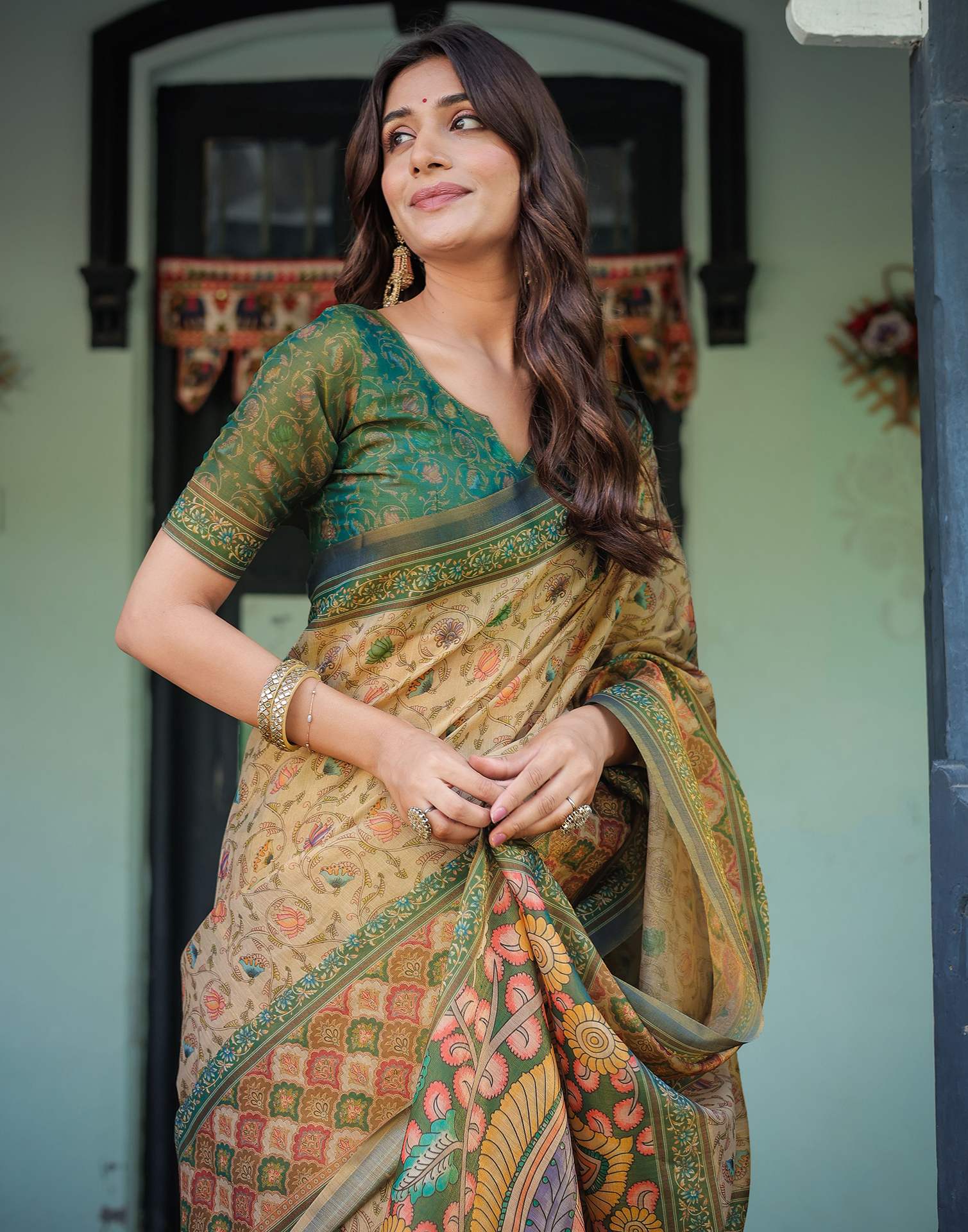 Beige Shimmer Silk Printed Saree