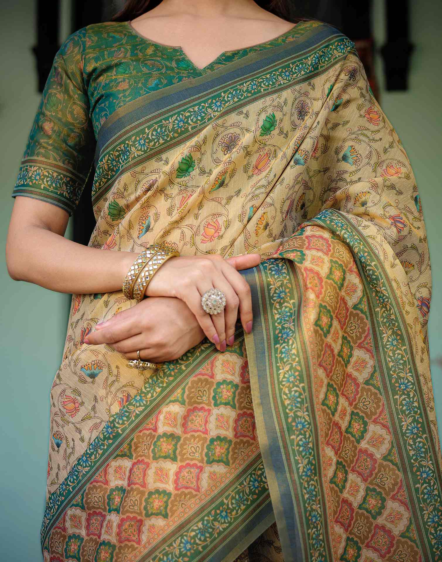 Beige Shimmer Silk Printed Saree