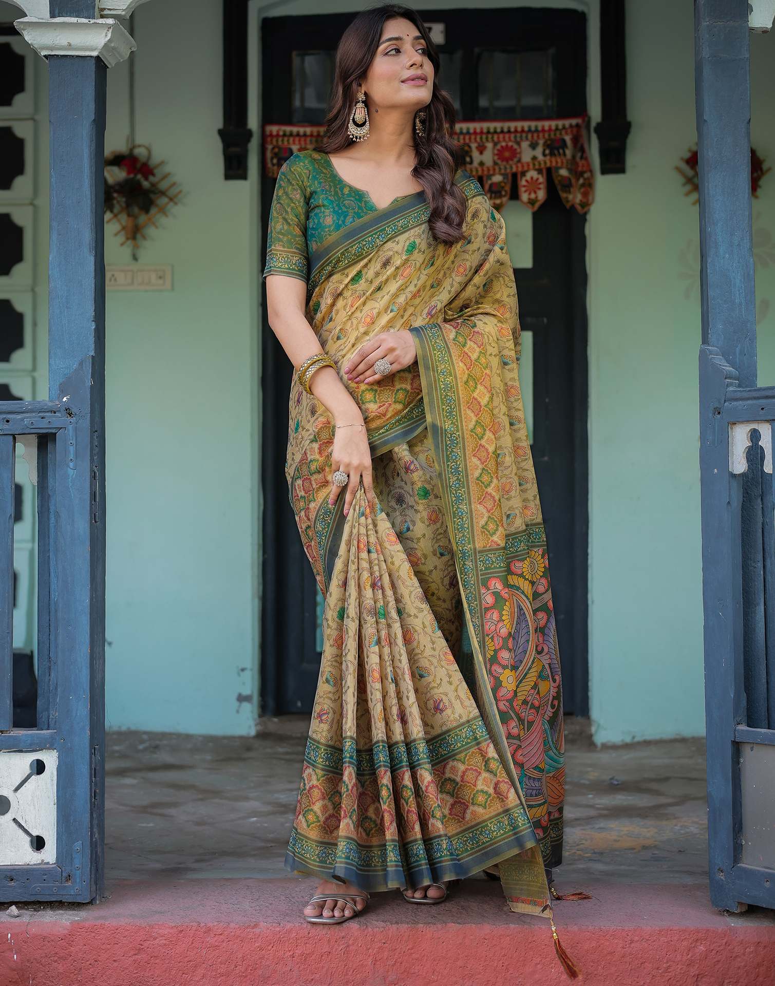 Beige Shimmer Silk Printed Saree
