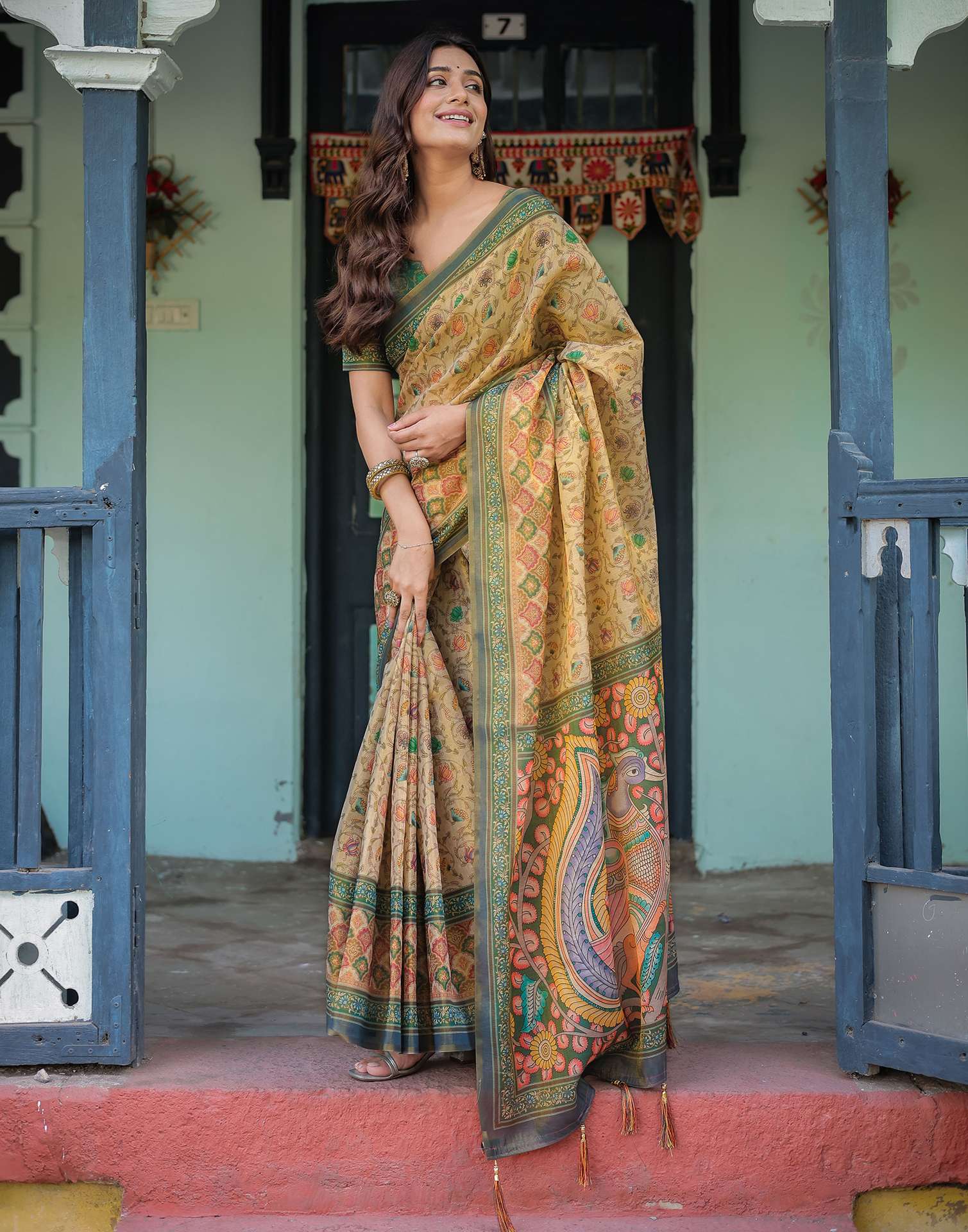 Beige Shimmer Silk Printed Saree
