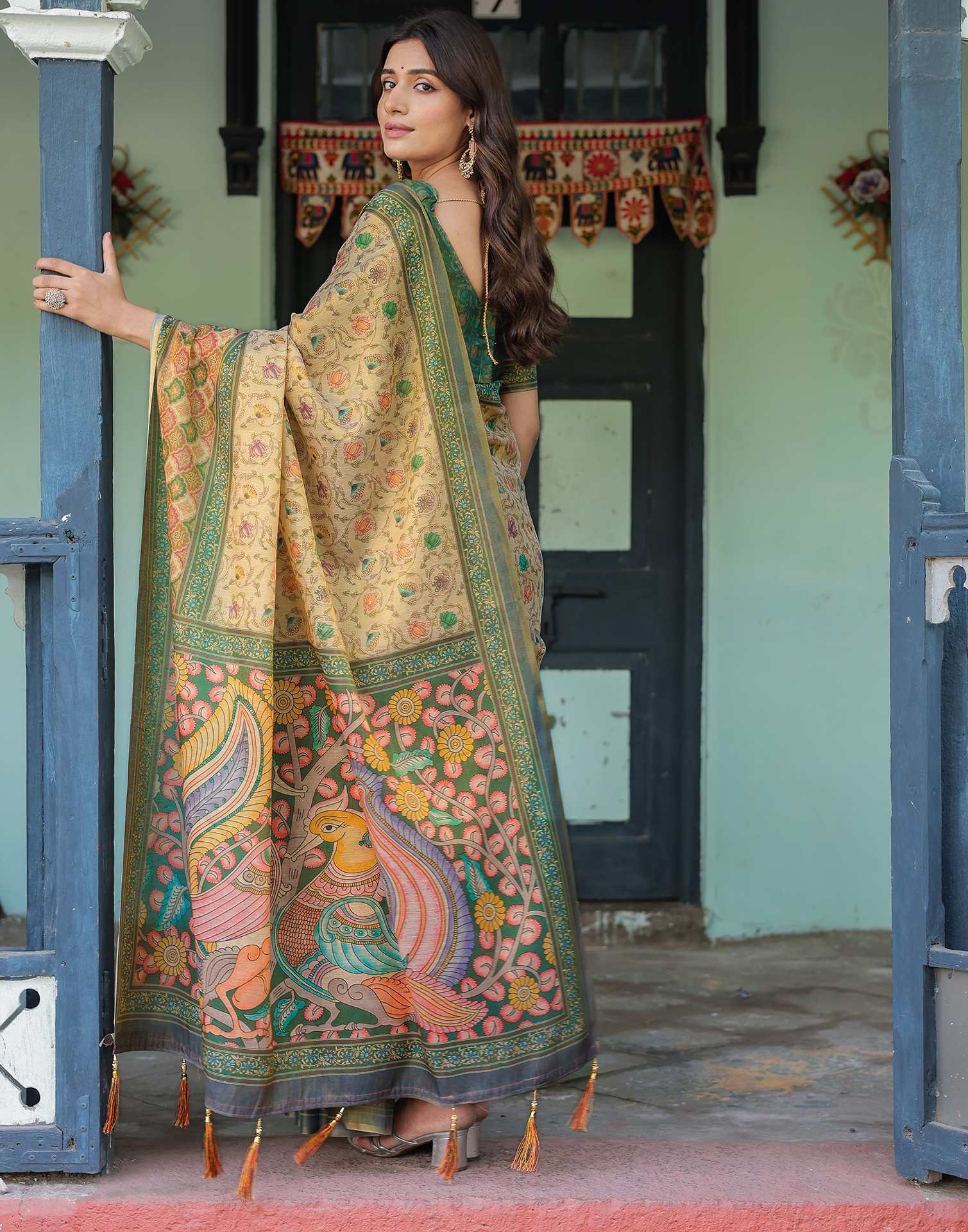 Beige Shimmer Silk Printed Saree