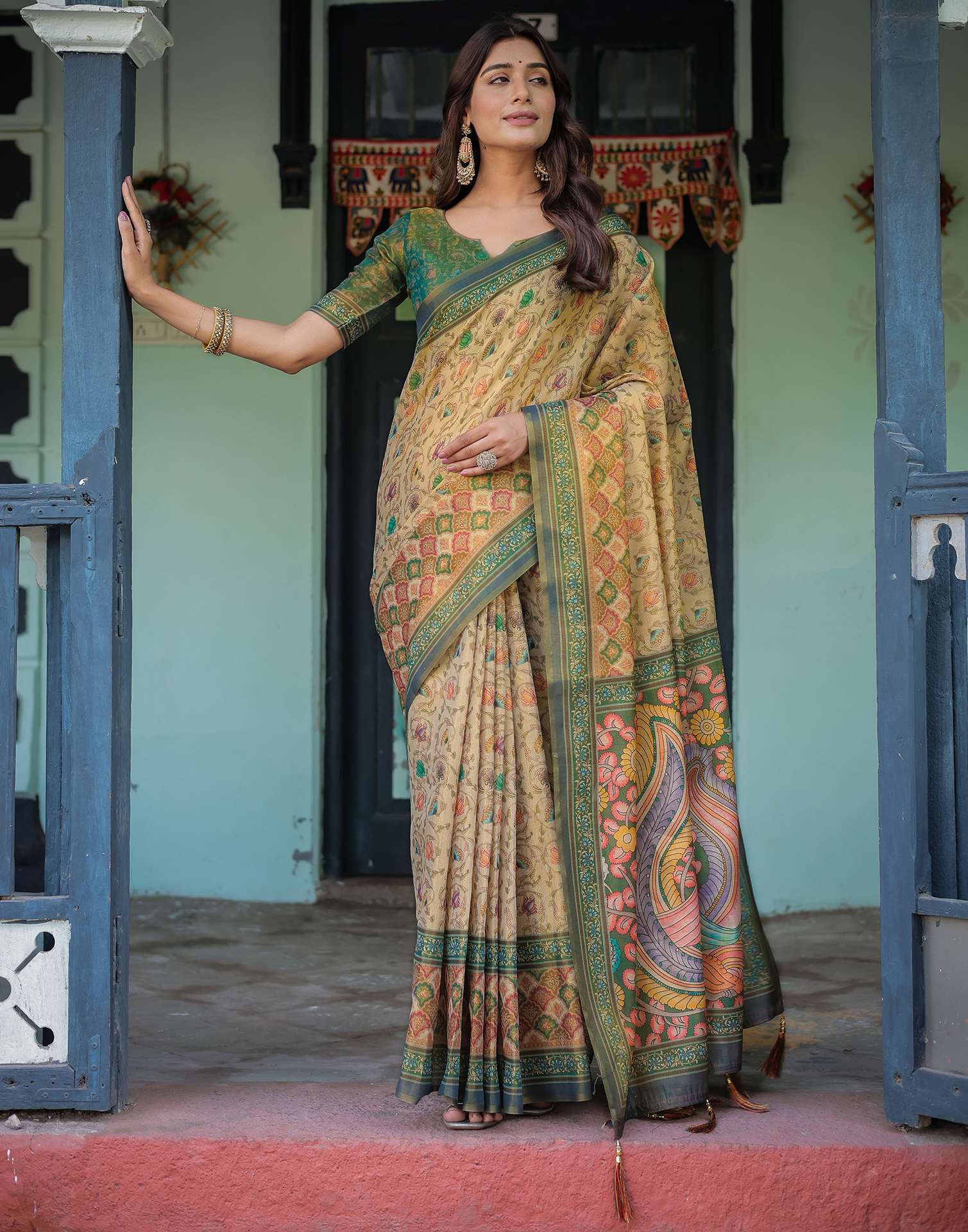 Beige Shimmer Silk Printed Saree