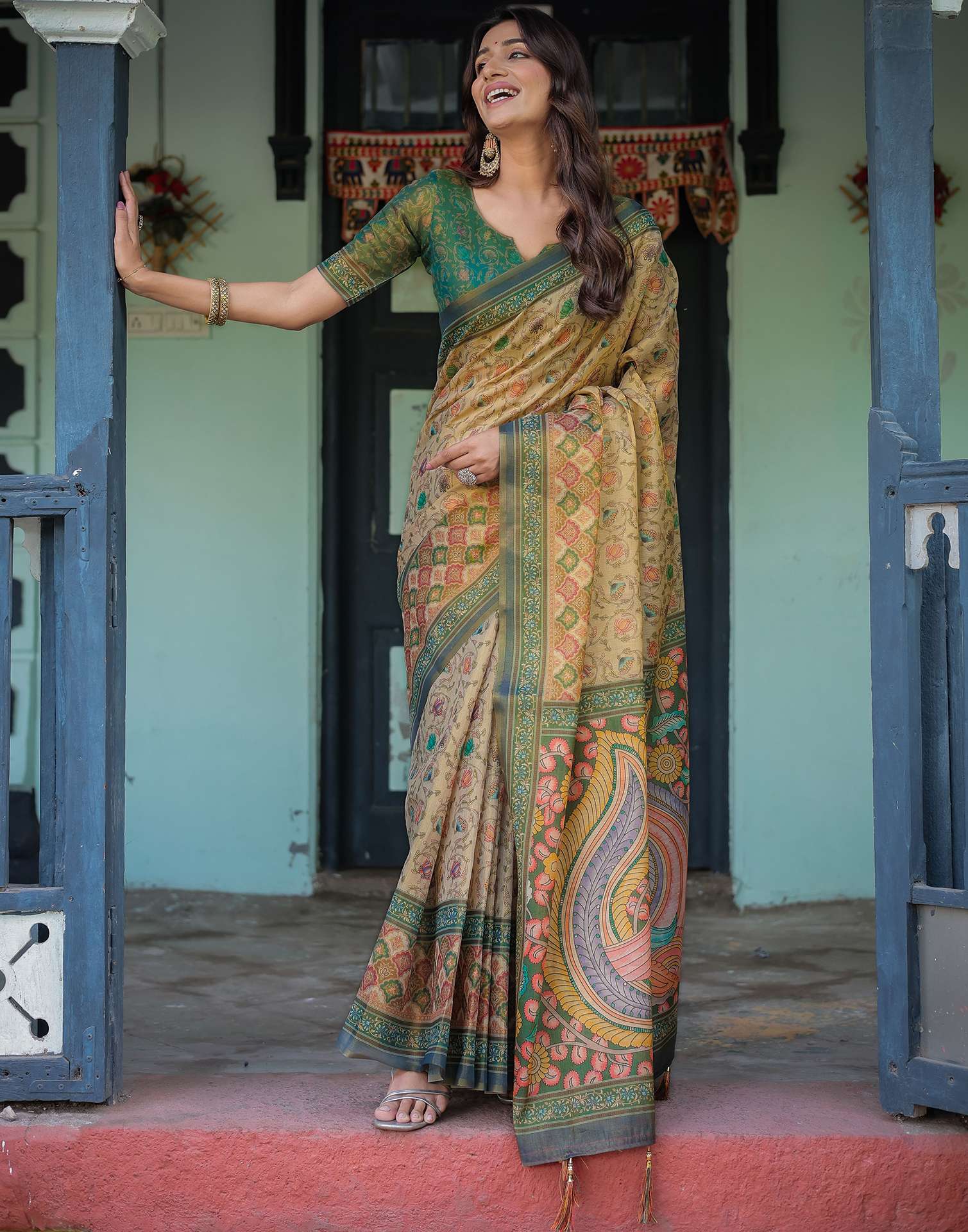 Beige Shimmer Silk Printed Saree