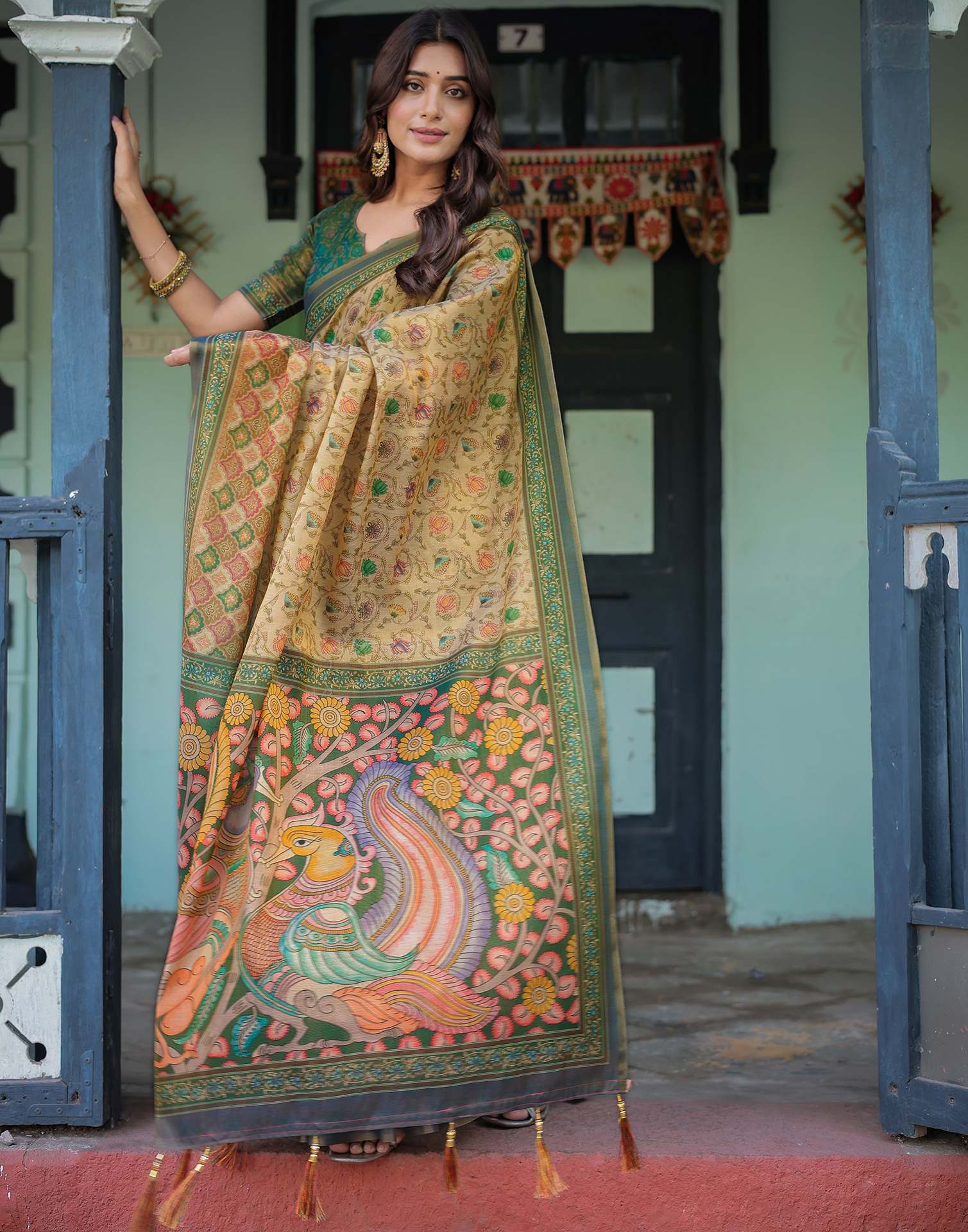 Beige Shimmer Silk Printed Saree