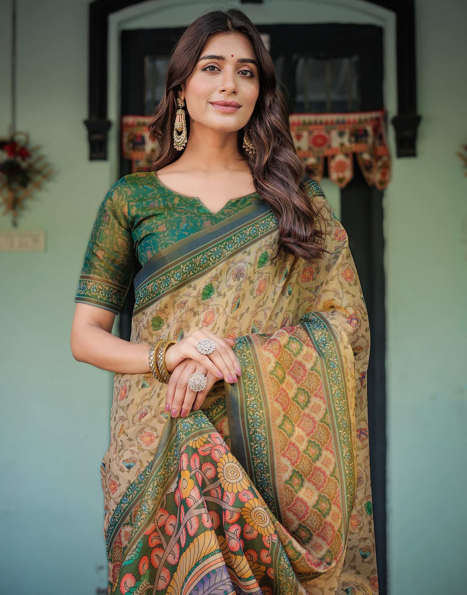 Beige Shimmer Silk Printed Saree