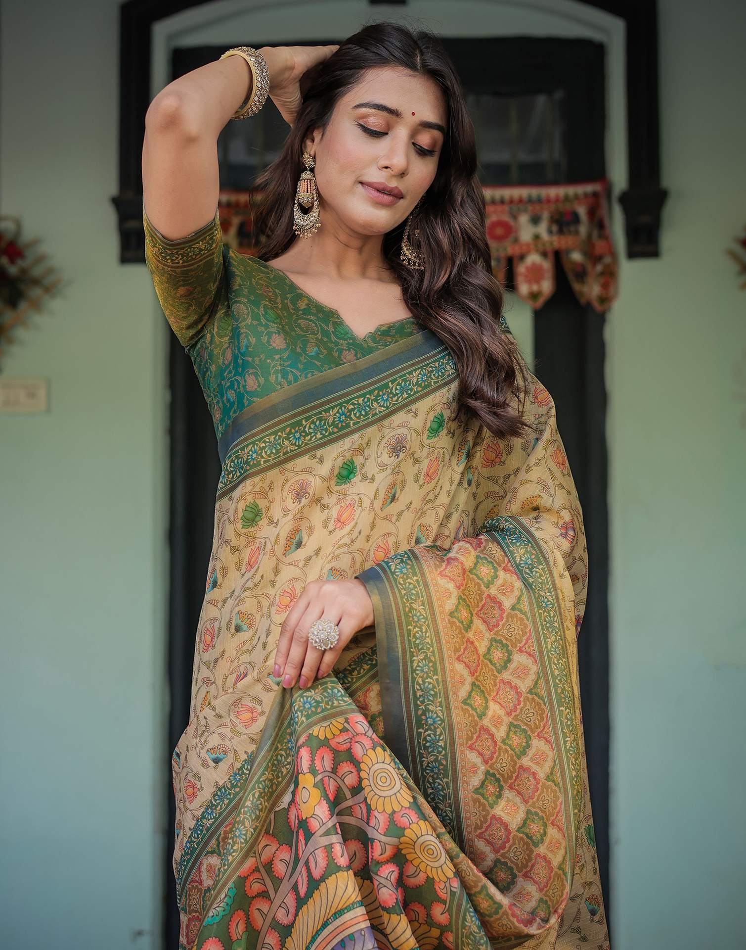 Beige Shimmer Silk Printed Saree