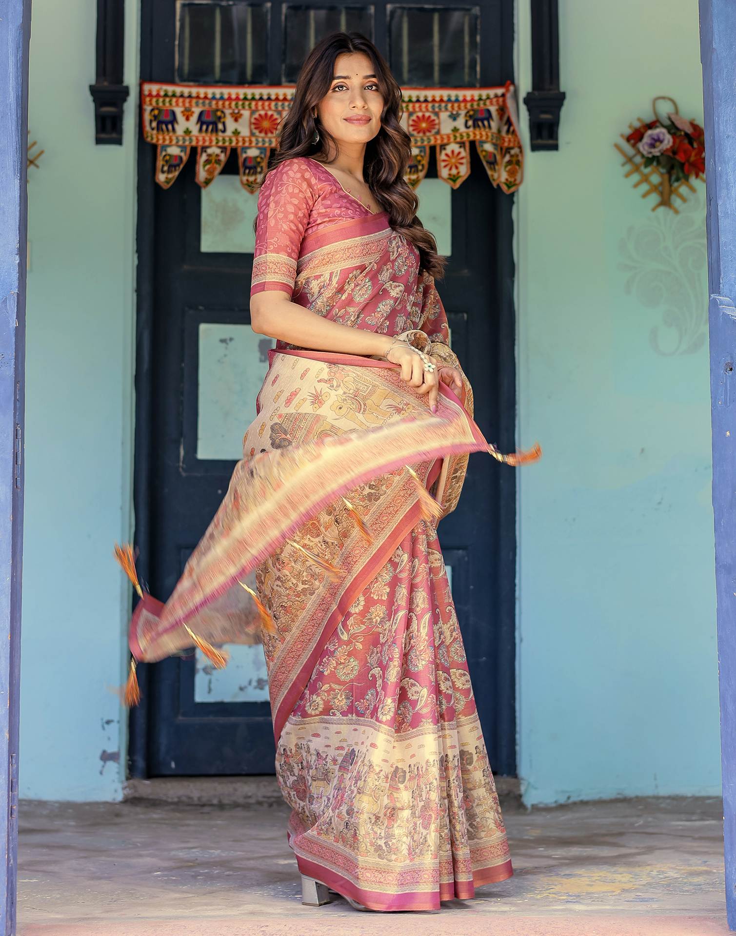 Light Maroon Shimmer Silk Printed Saree