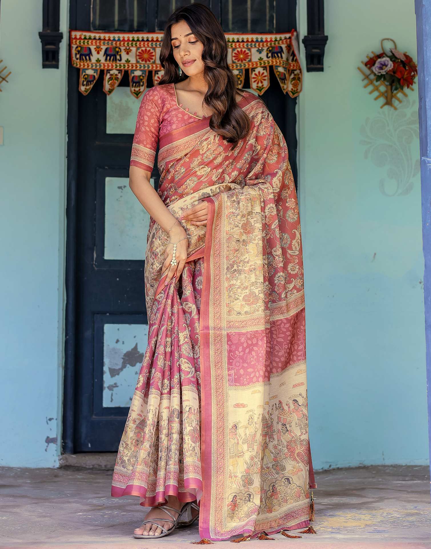 Light Maroon Shimmer Silk Printed Saree