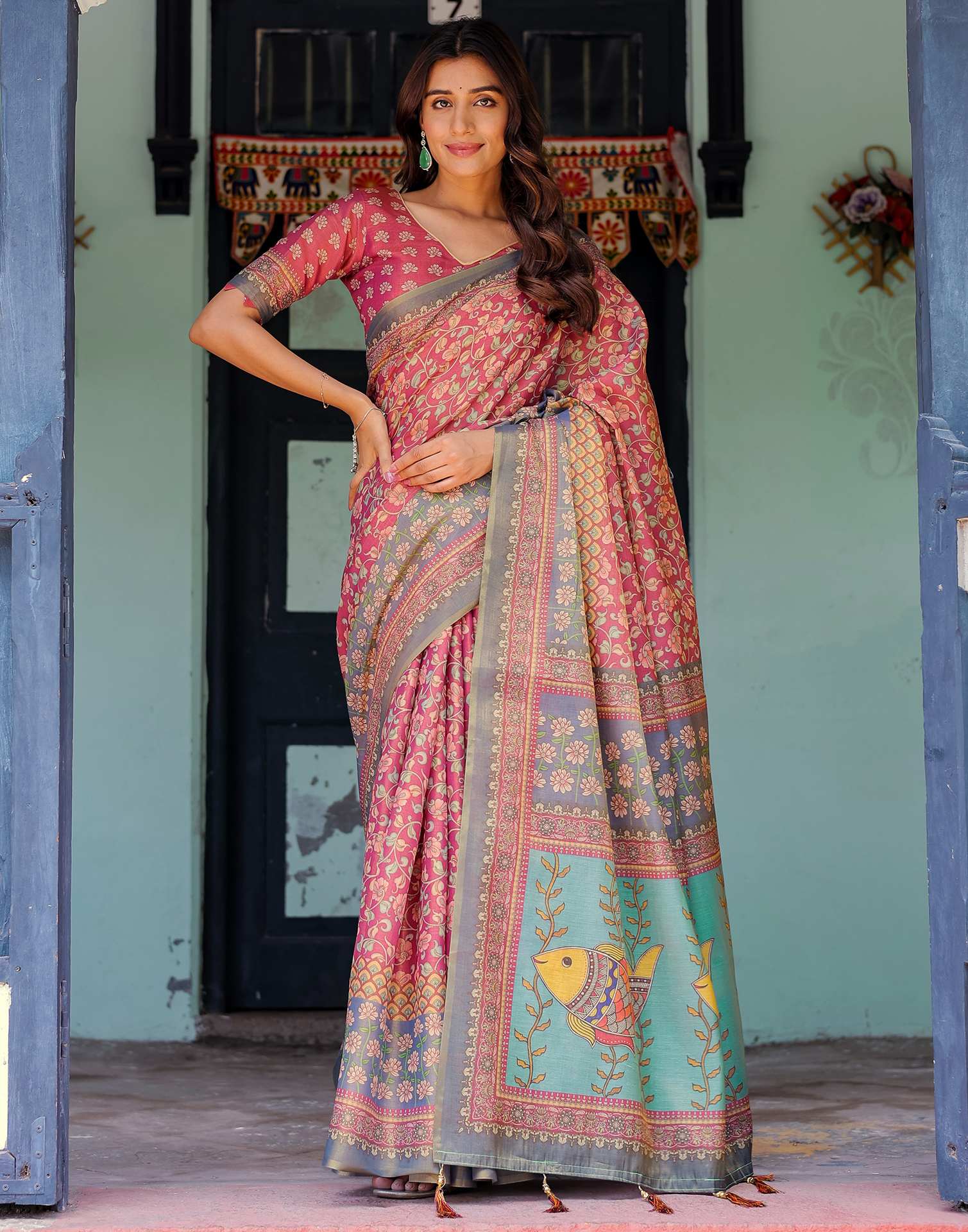 Dusky Red Shimmer Silk Printed Saree