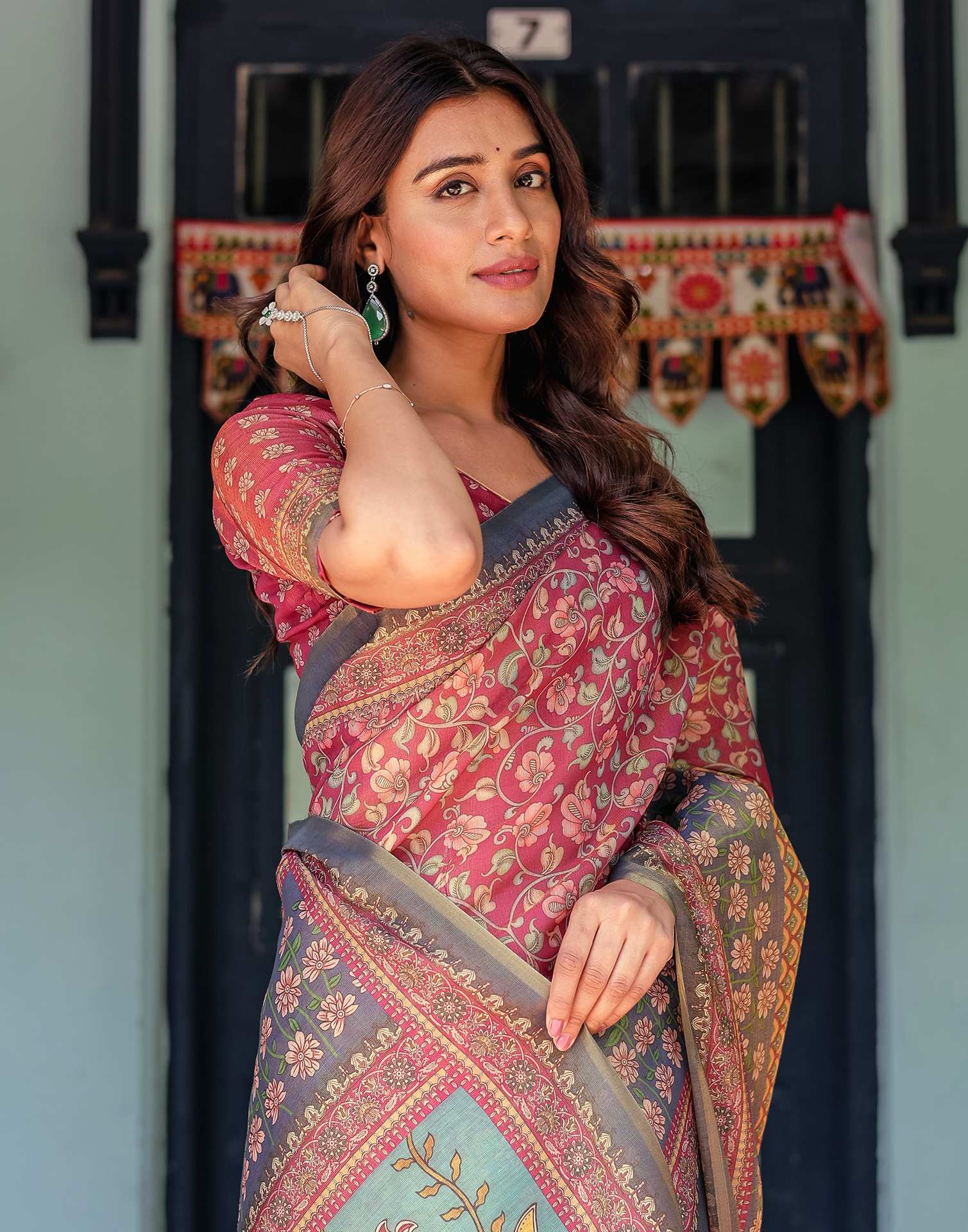 Dusky Red Shimmer Silk Printed Saree