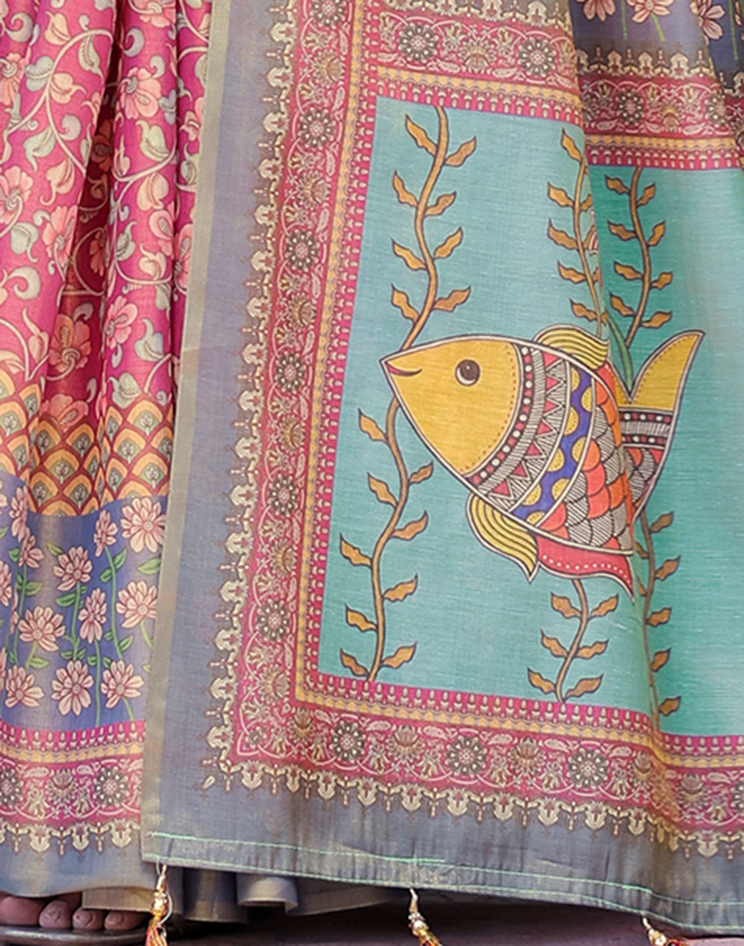 Dusky Red Shimmer Silk Printed Saree